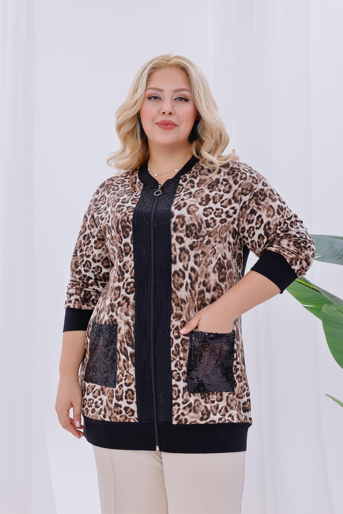 Hırka Büyük Beden Leopar Fermuarlı Hırka