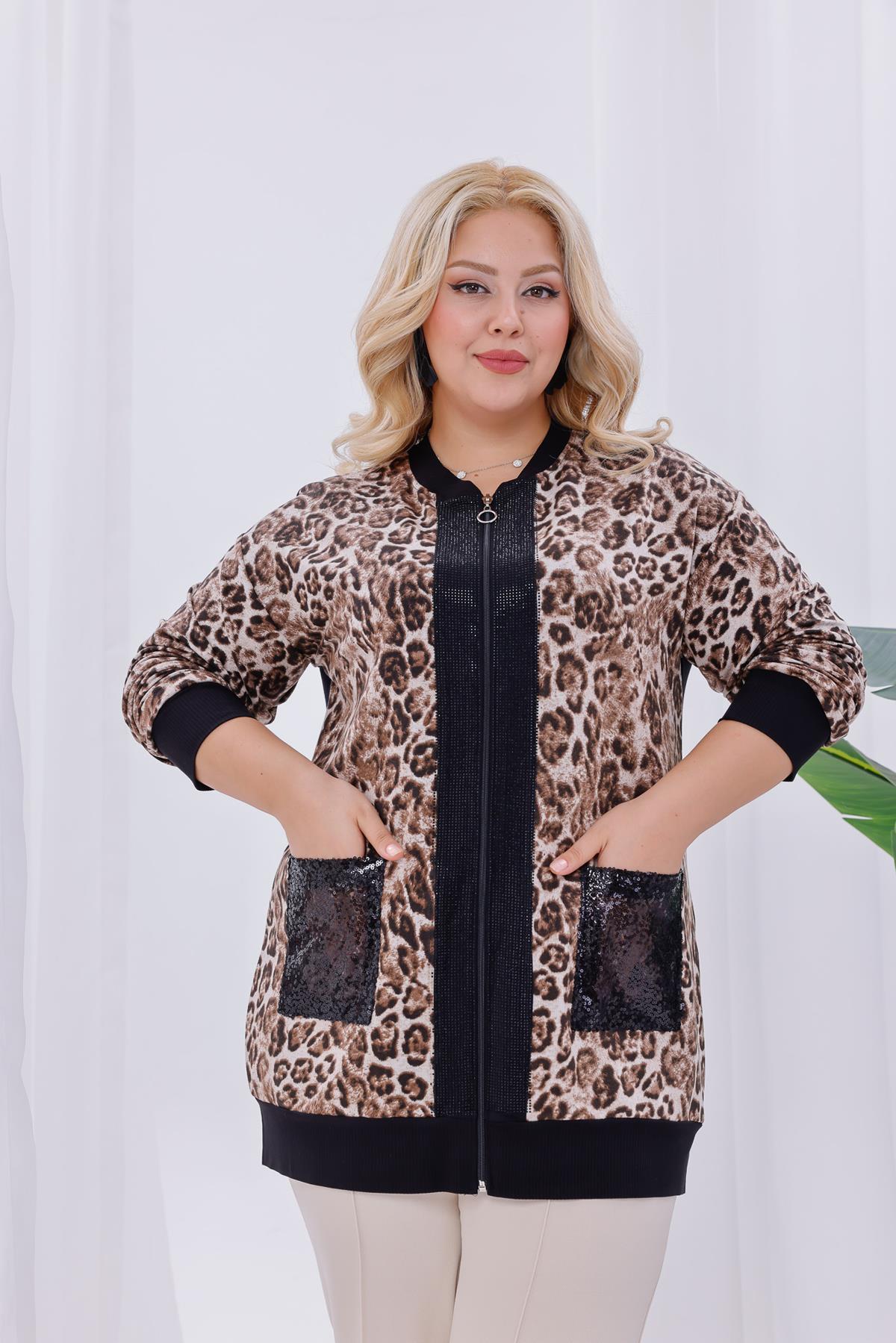 Hırka Büyük Beden Leopar Fermuarlı Hırka