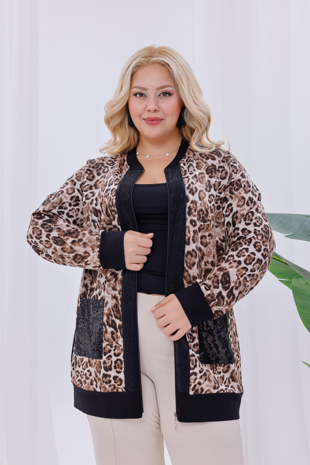 Hırka Büyük Beden Leopar Fermuarlı Hırka