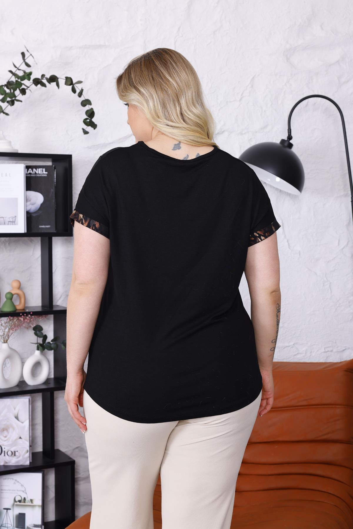 Kısa Kol Bluz Büyük Beden Leopar Işıltılı Taş Oversize Bluz