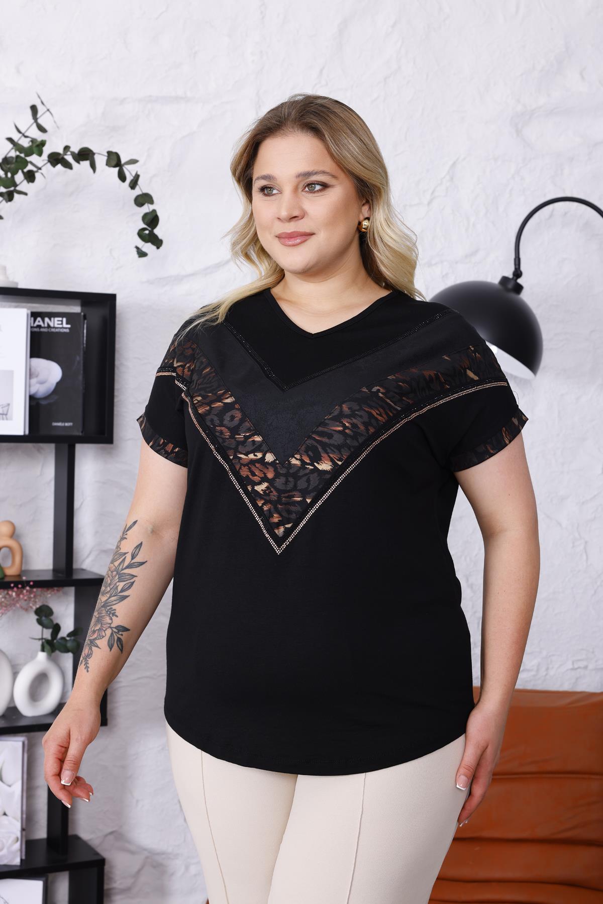 Kısa Kol Bluz Büyük Beden Leopar Işıltılı Taş Oversize Bluz