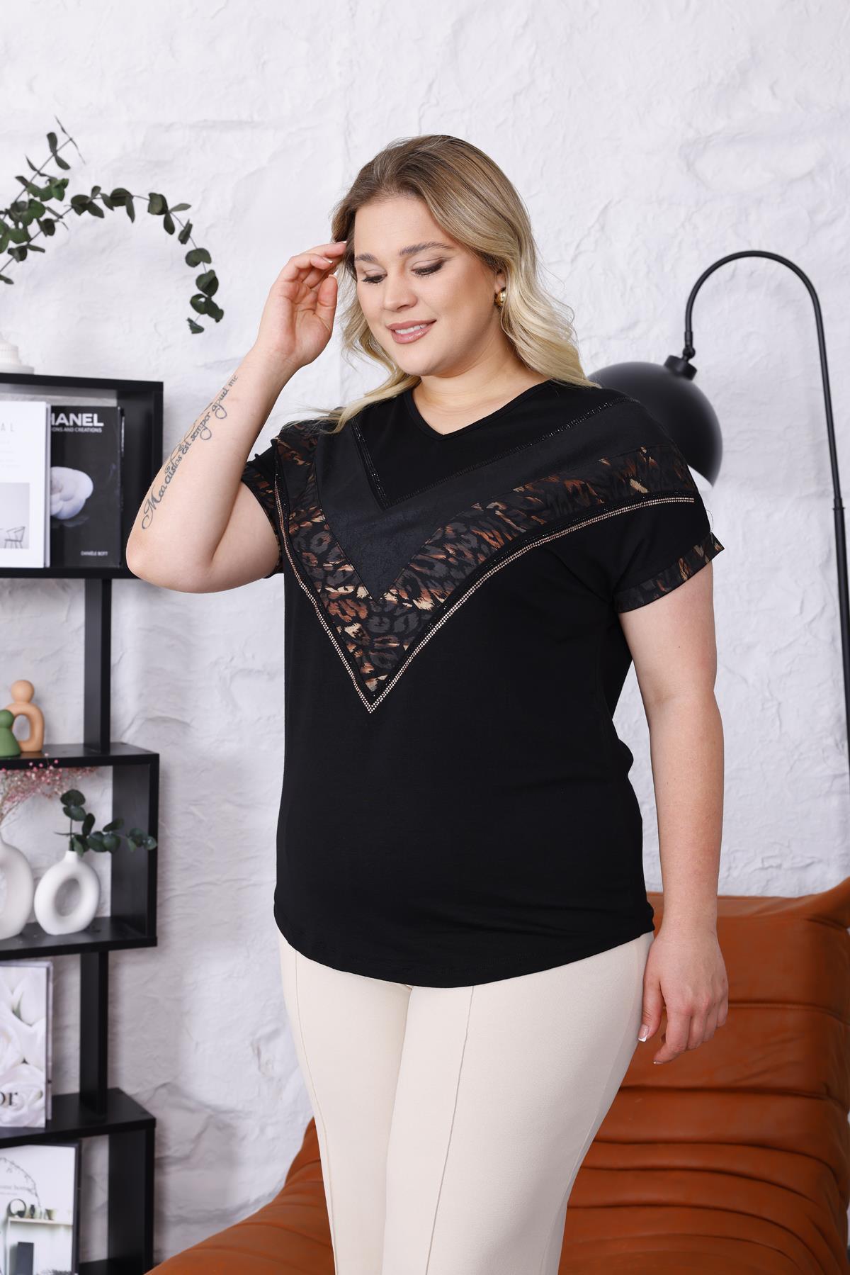 Kısa Kol Bluz Büyük Beden Leopar Işıltılı Taş Oversize Bluz