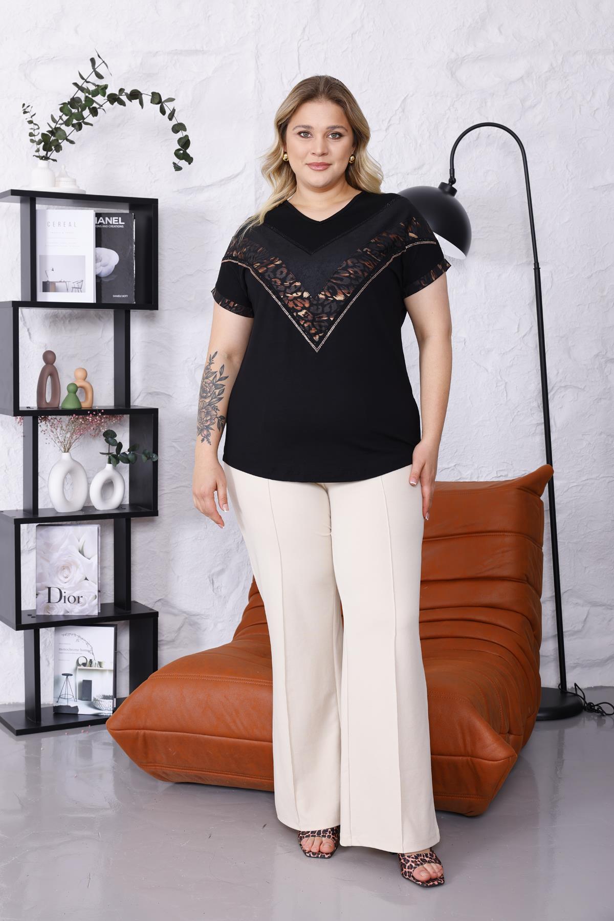 Kısa Kol Bluz Büyük Beden Leopar Işıltılı Taş Oversize Bluz