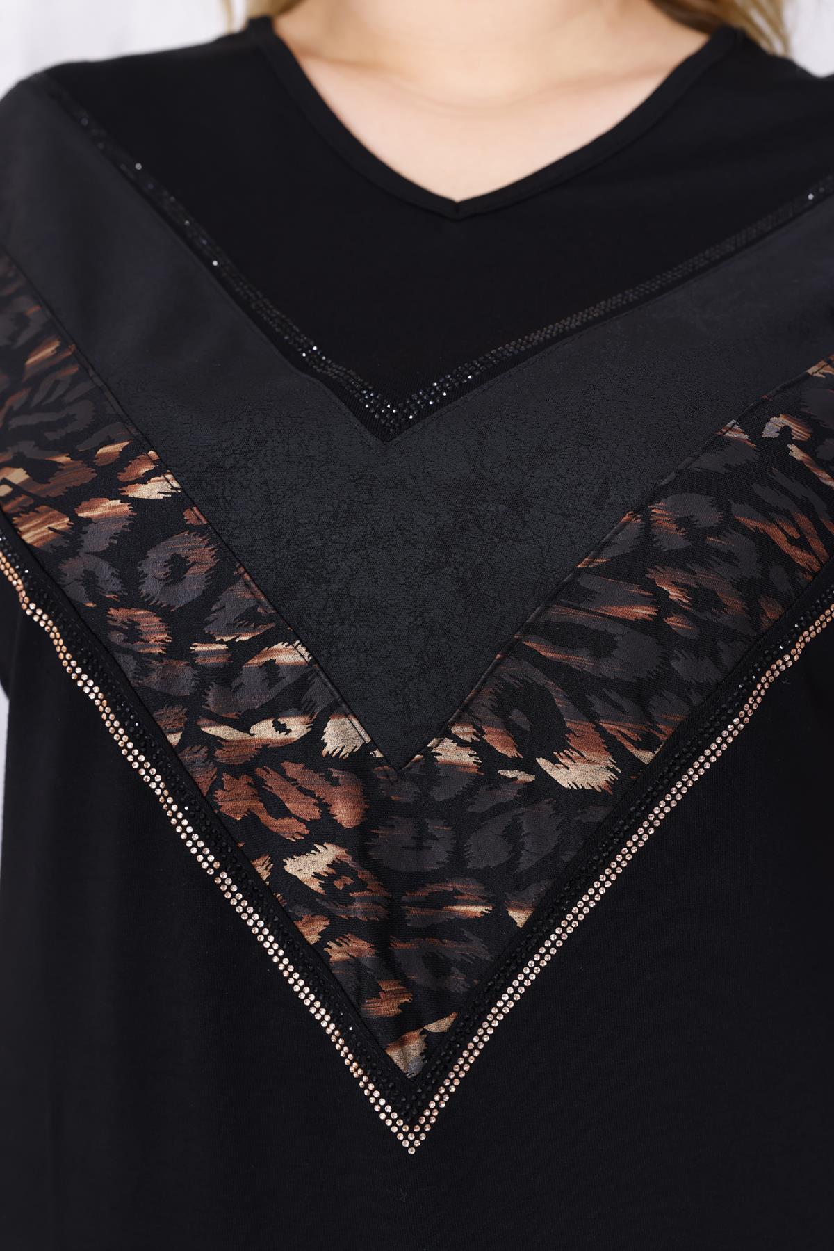 Kısa Kol Bluz Büyük Beden Leopar Işıltılı Taş Oversize Bluz