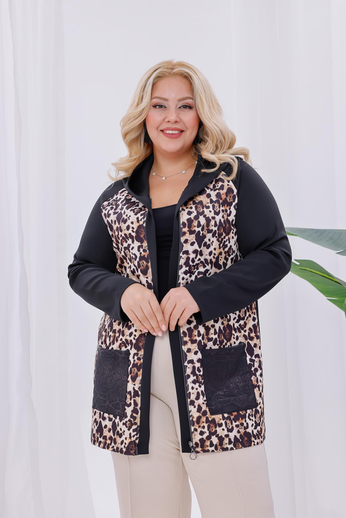 Hırka Büyük Beden Leoparlı Cepli Scuba Kumaş Hırka