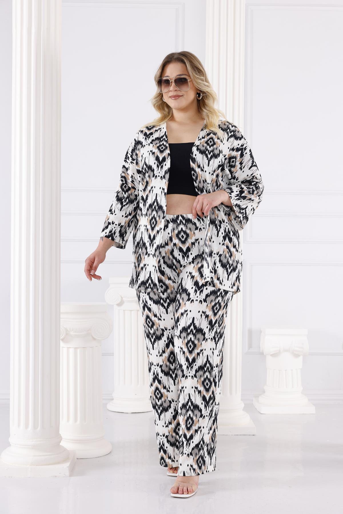 İkili Takım Büyük Beden Likralı Pamuklu Kimono Takım