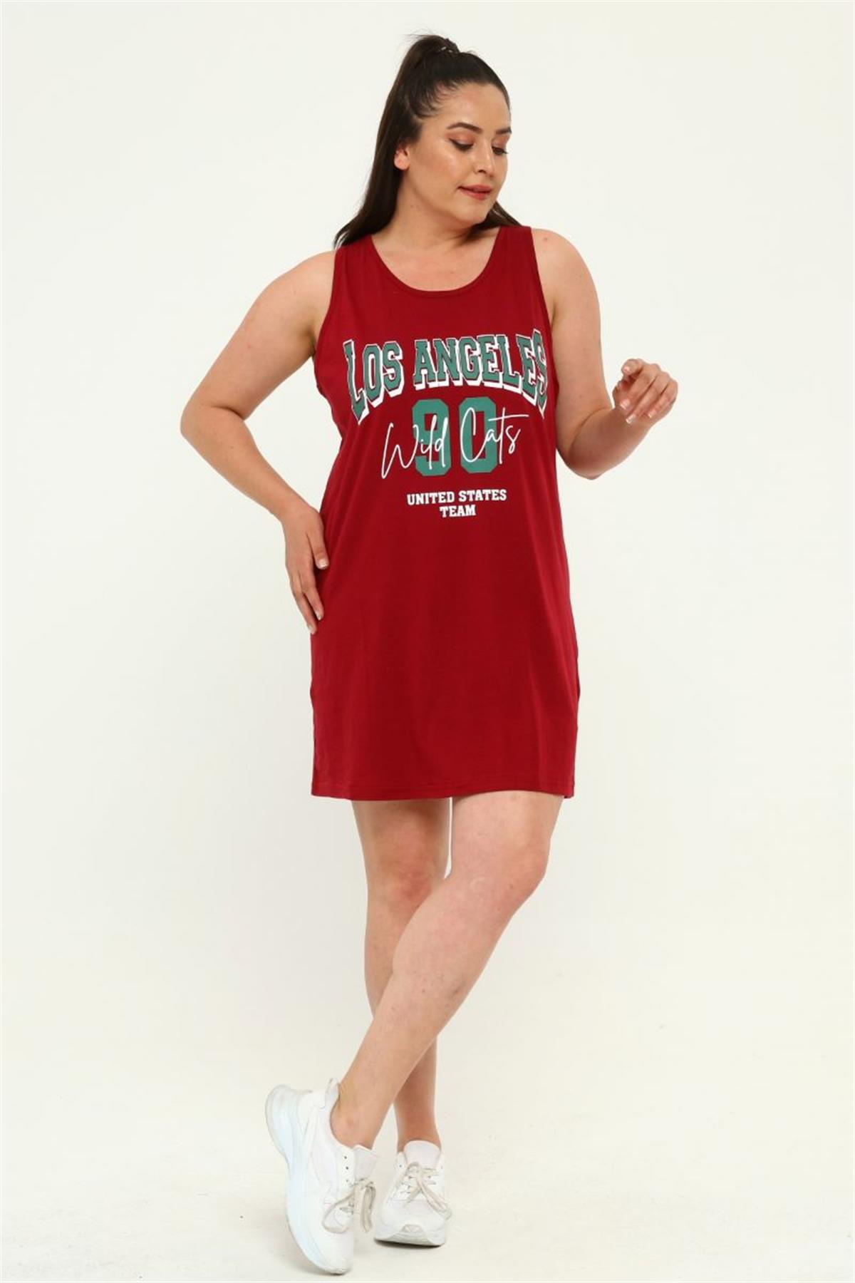 Tshirt Büyük Beden Losangeles Baskılı Askılı Tunik T-Shirt Bordo