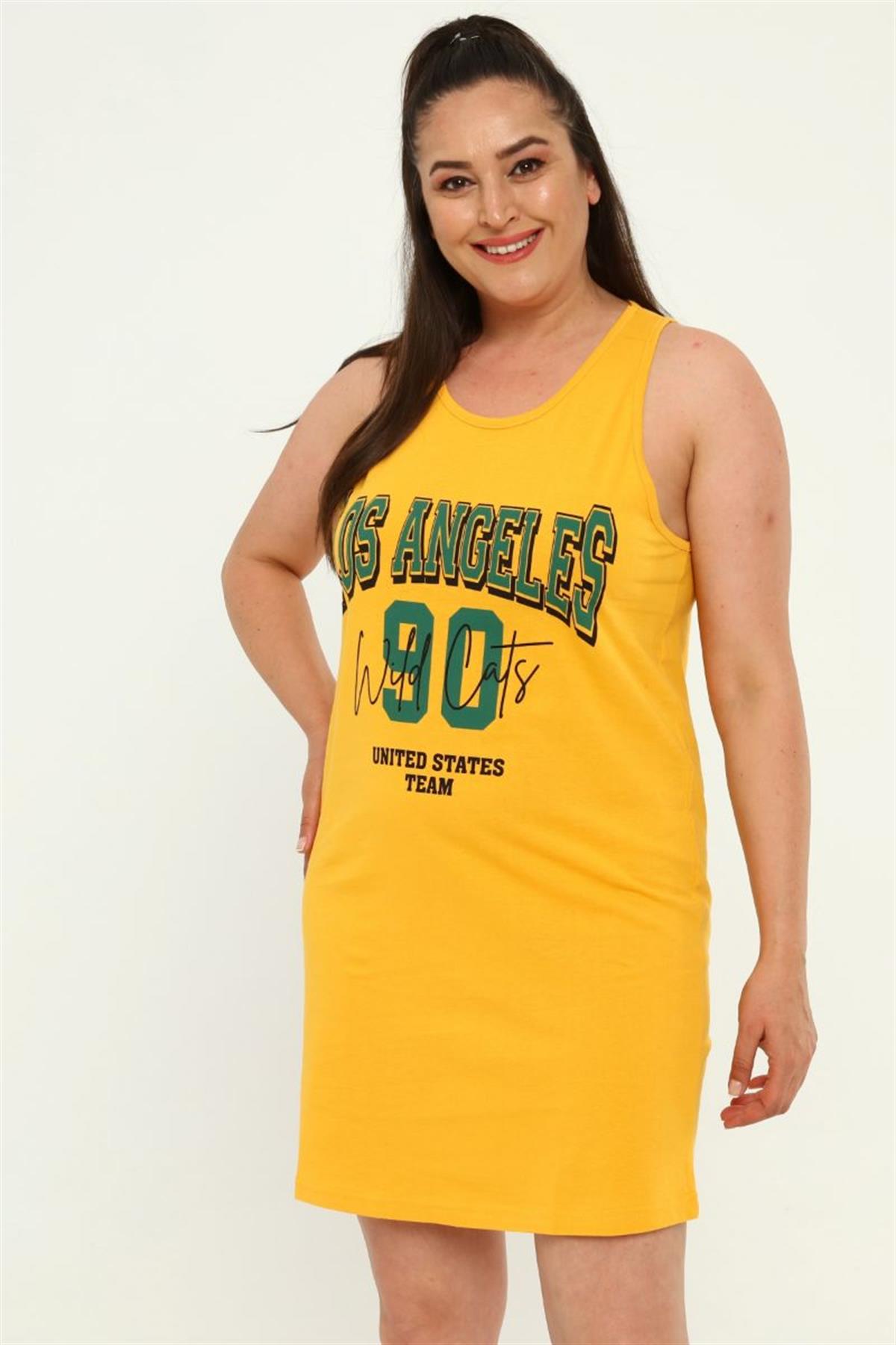 Tshirt Büyük Beden Losangeles Baskılı Askılı Tunik T-Shirt Hardal