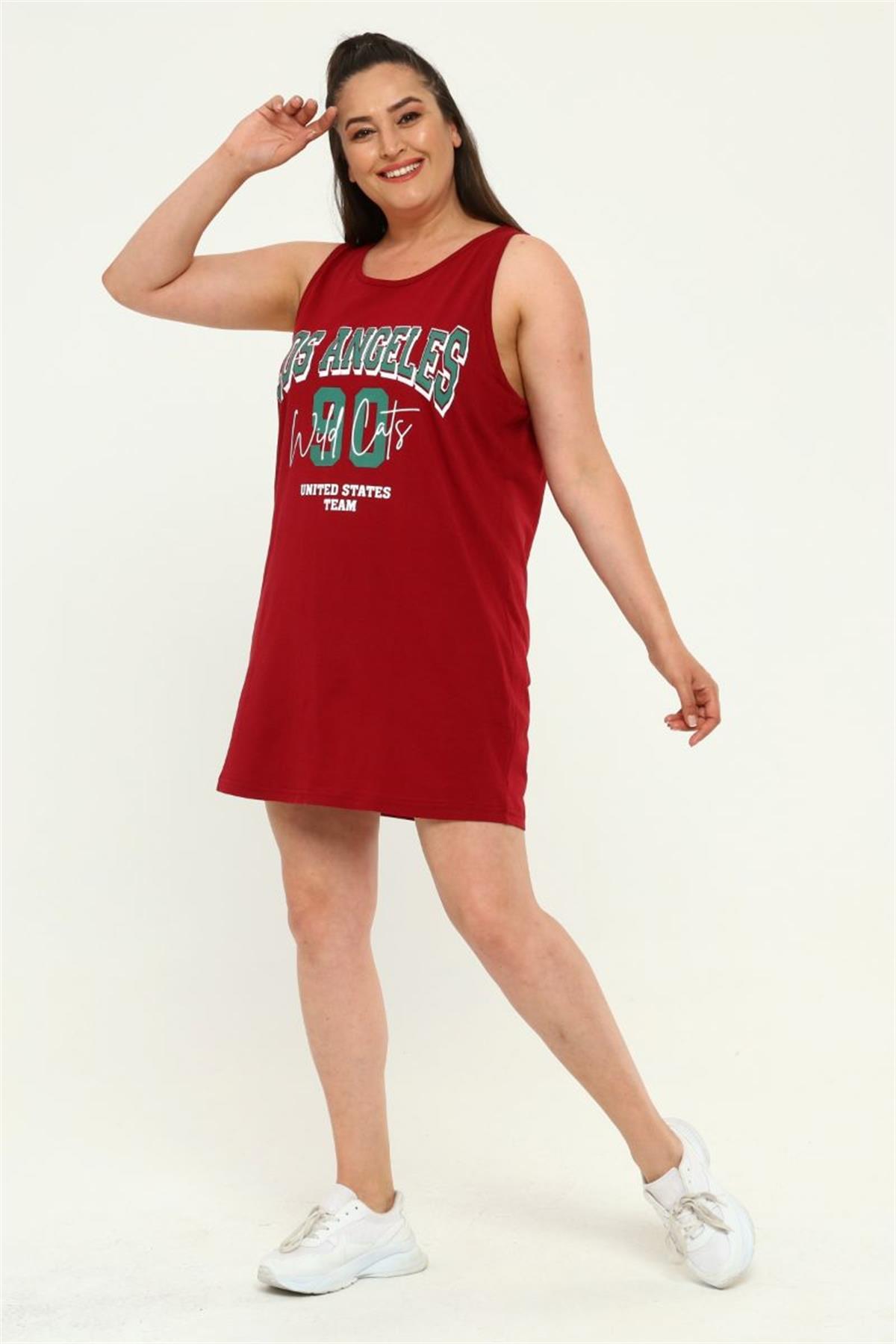 Tshirt Büyük Beden Losangeles Baskılı Askılı Tunik T-Shirt Bordo