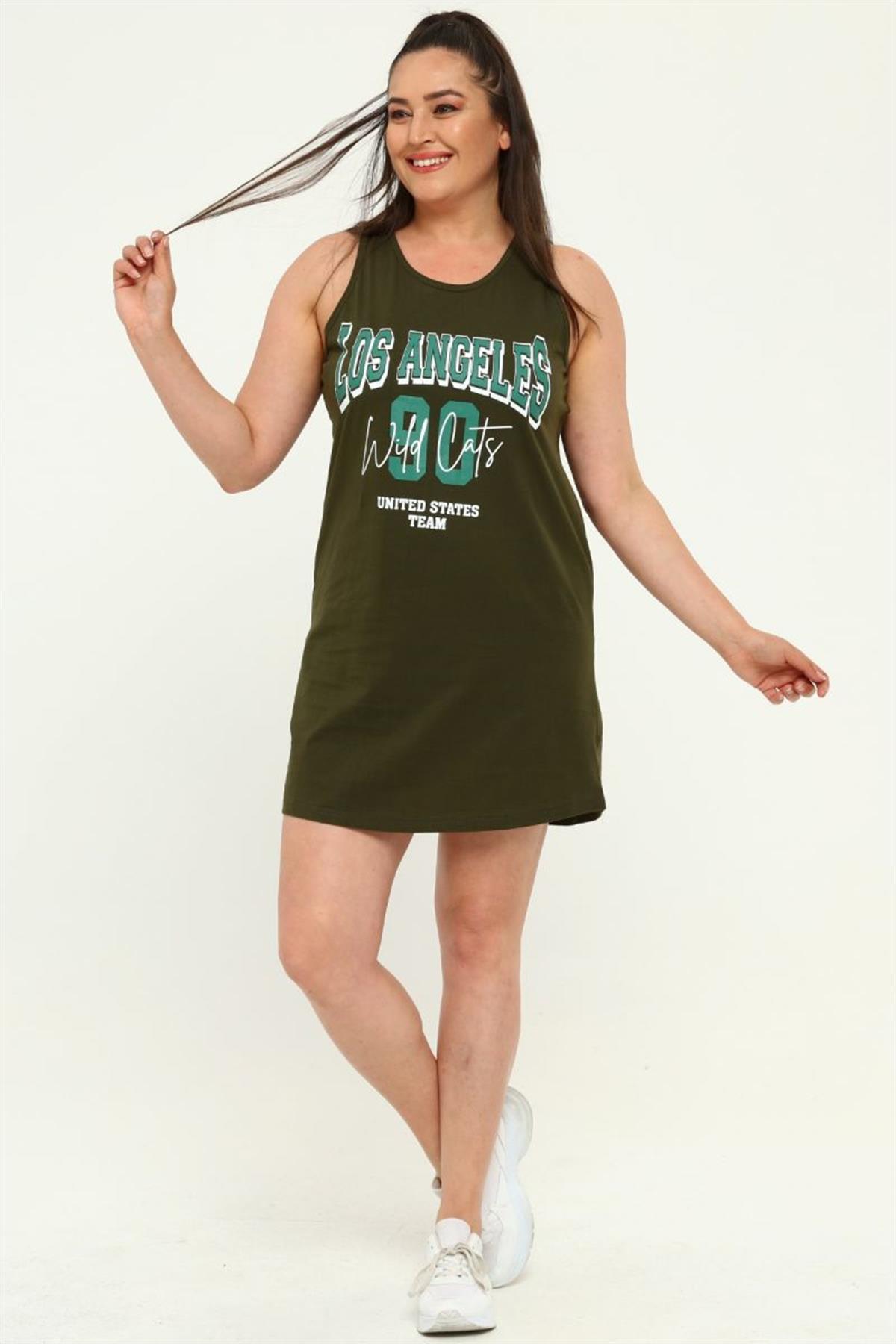 Tshirt Büyük Beden Losangeles Baskılı Askılı Tunik T-Shirt Haki Yeşil