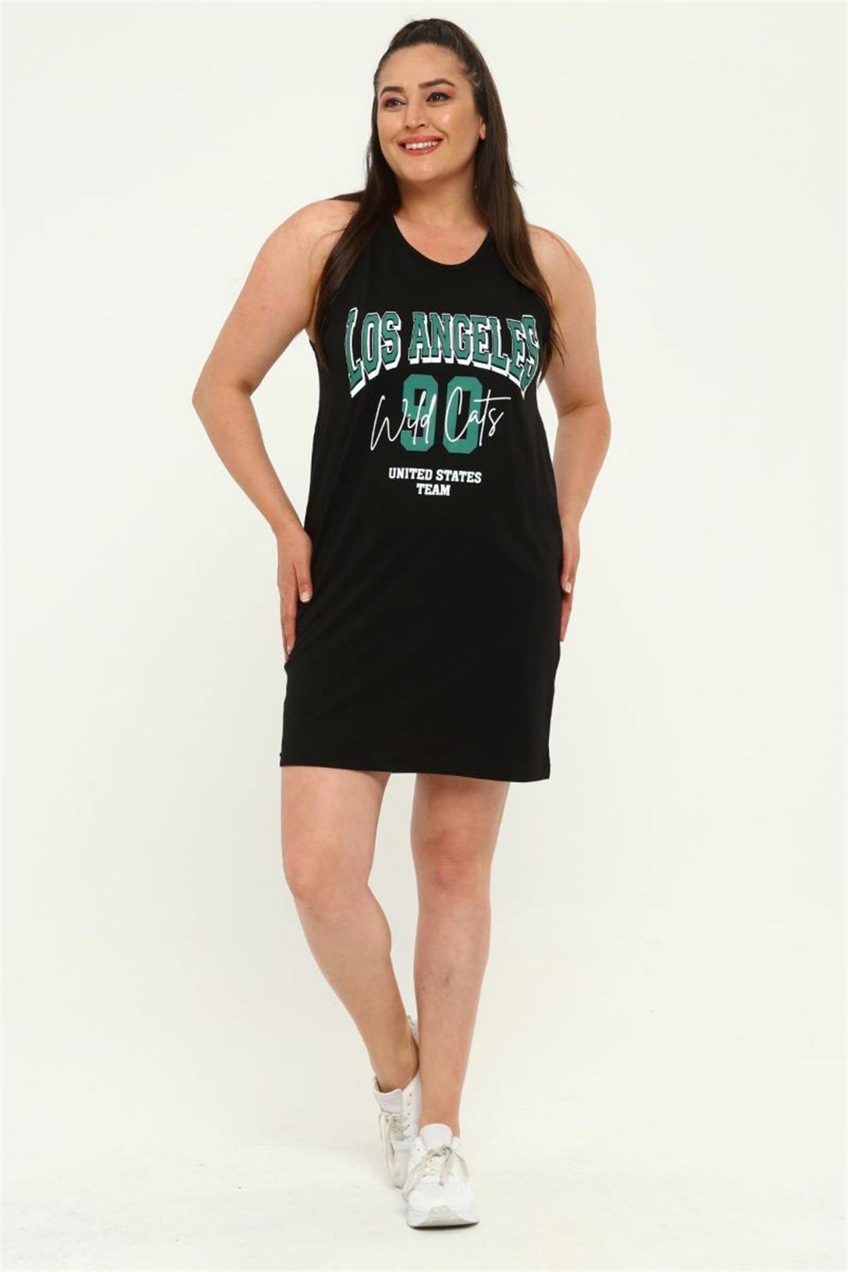Tshirt Büyük Beden Losangeles Baskılı Askılı Tunik T-Shirt Siyah