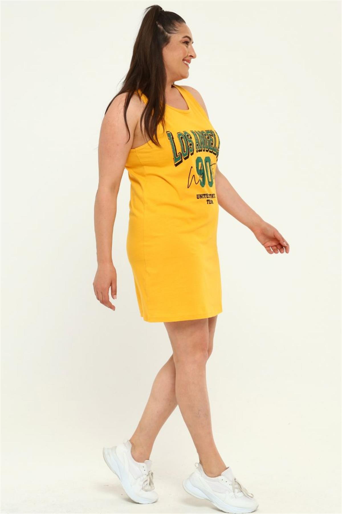 Tshirt Büyük Beden Losangeles Baskılı Askılı Tunik T-Shirt Hardal