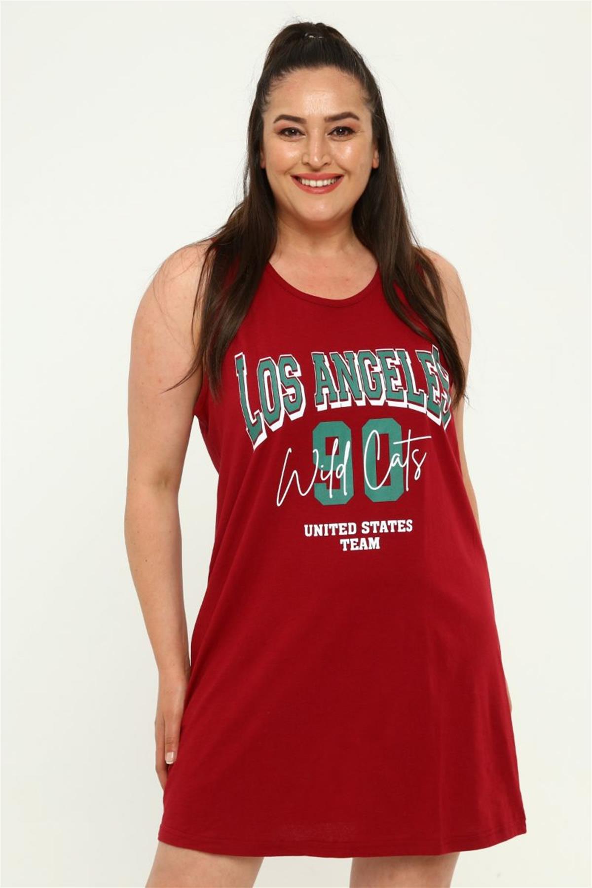 Tshirt Büyük Beden Losangeles Baskılı Askılı Tunik T-Shirt Bordo