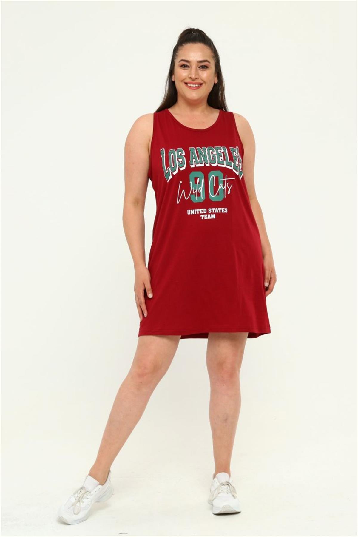 Tshirt Büyük Beden Losangeles Baskılı Askılı Tunik T-Shirt Bordo