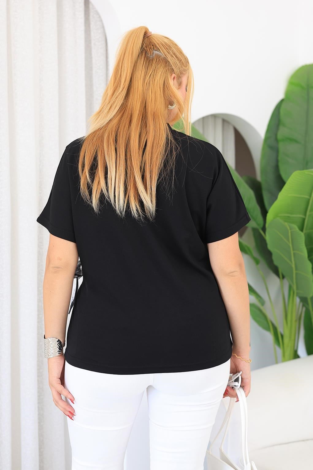 Kısa Kol Bluz Büyük Beden Modal Kumaş Bağcık Detaylı Bluz