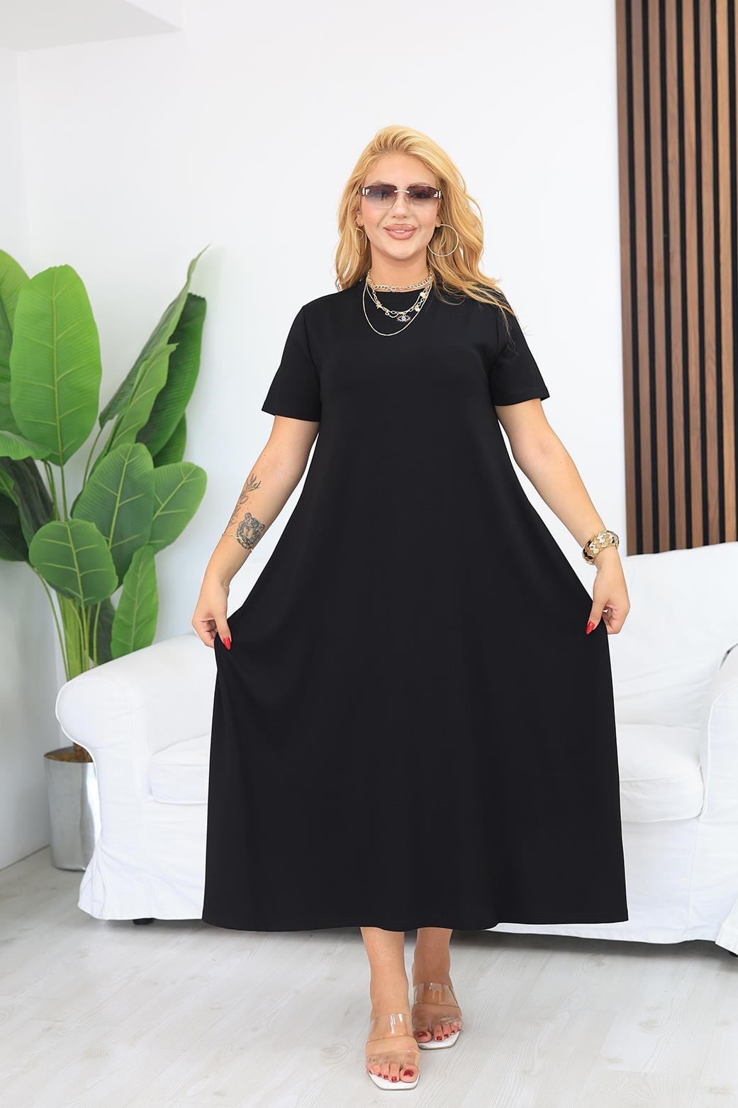 Elbise Büyük Beden Modal Kumaş Cepli Kloş Elbise