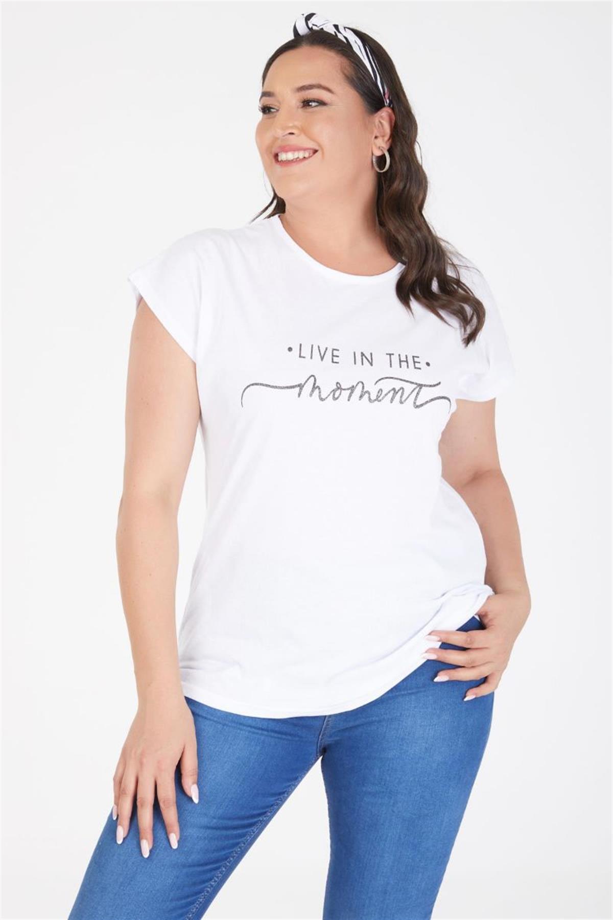 Tshirt Büyük Beden Moment Baskılı Yarasa Kol T-Shirt Beyaz