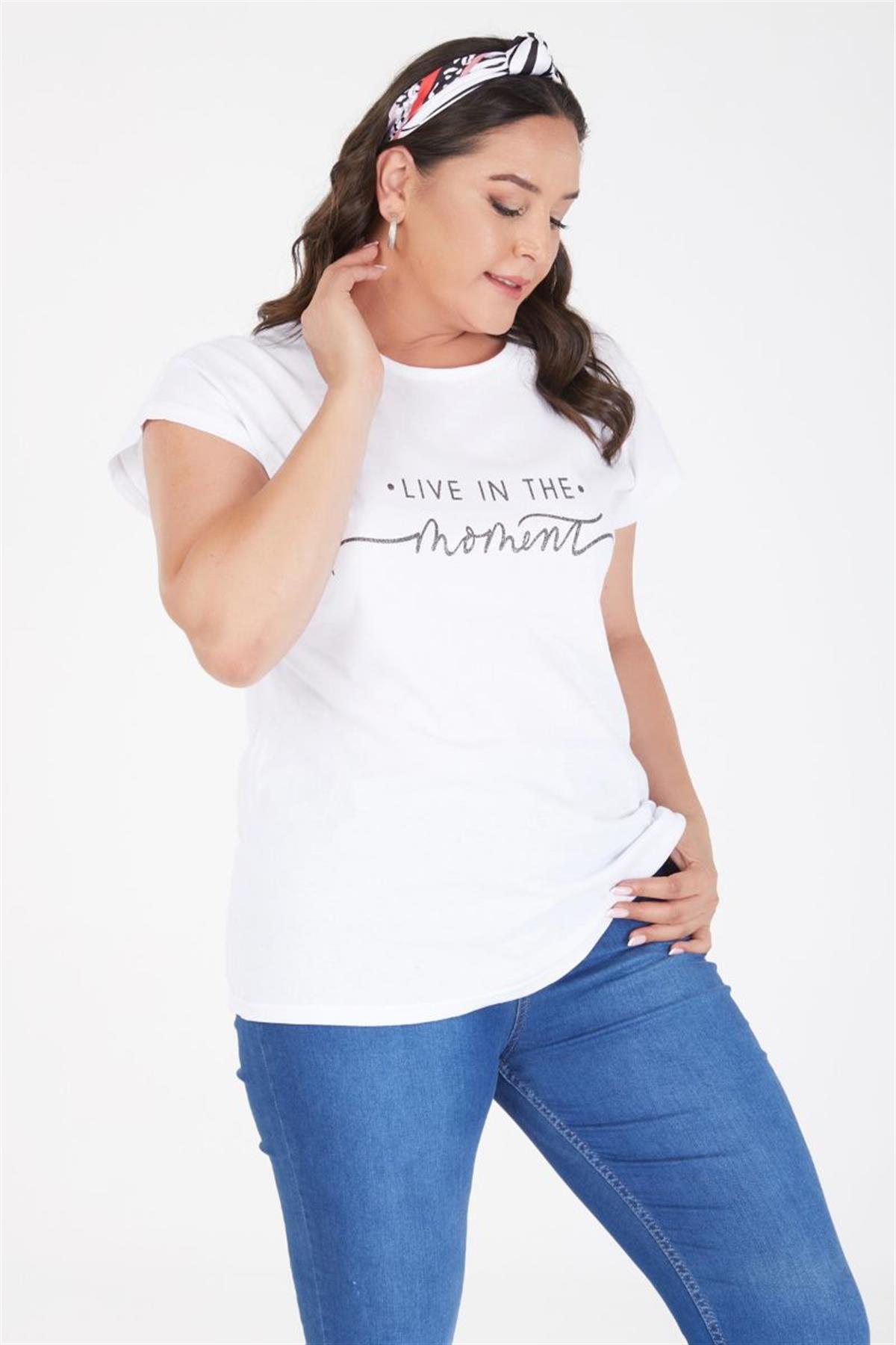 Tshirt Büyük Beden Moment Baskılı Yarasa Kol T-Shirt Beyaz