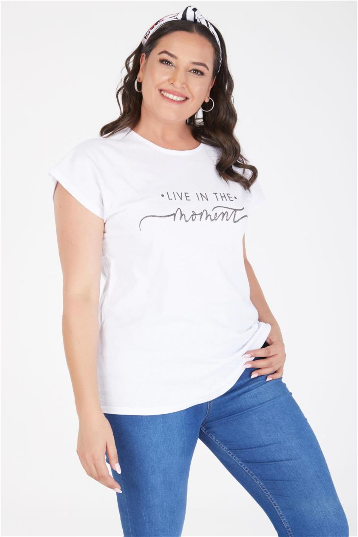 Tshirt Büyük Beden Moment Baskılı Yarasa Kol T-Shirt Beyaz