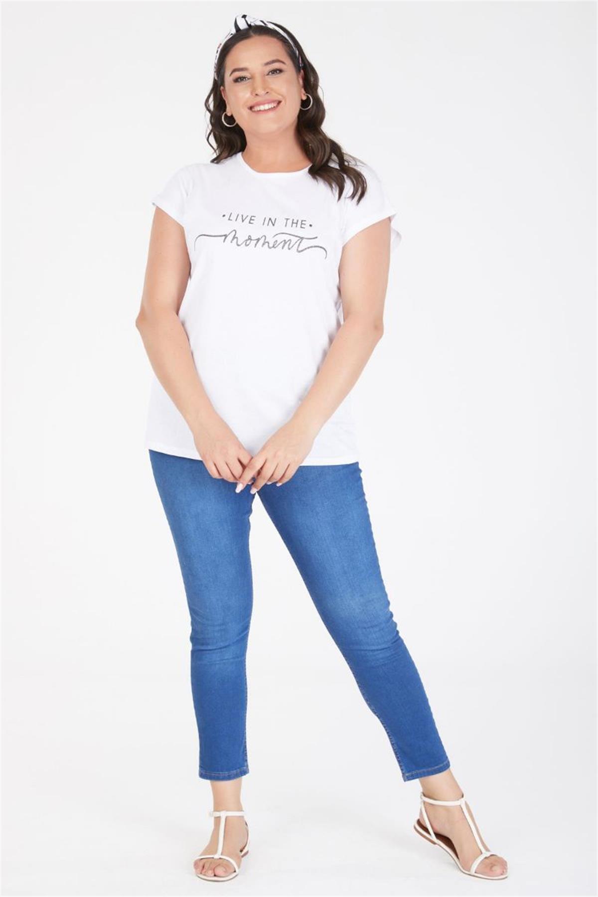 Tshirt Büyük Beden Moment Baskılı Yarasa Kol T-Shirt Beyaz