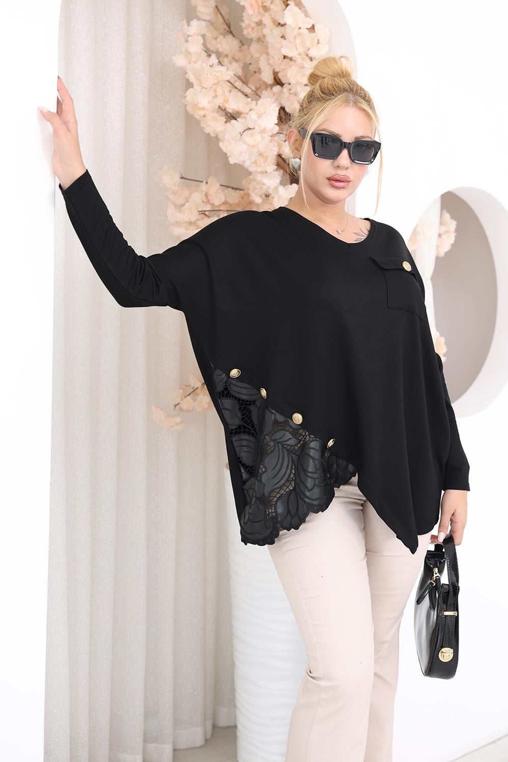 Uzun Kol Bluz Büyük Beden Nakışı Modal Kumaş Oversize Bluz