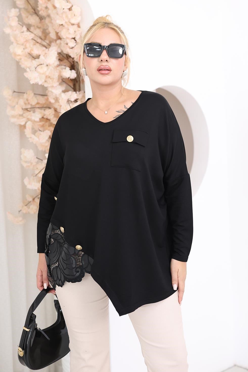 Uzun Kol Bluz Büyük Beden Nakışı Modal Kumaş Oversize Bluz