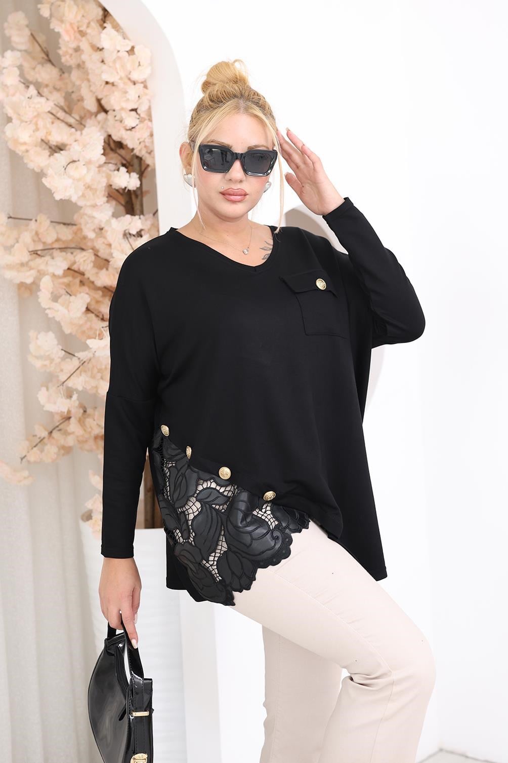 Uzun Kol Bluz Büyük Beden Nakışı Modal Kumaş Oversize Bluz