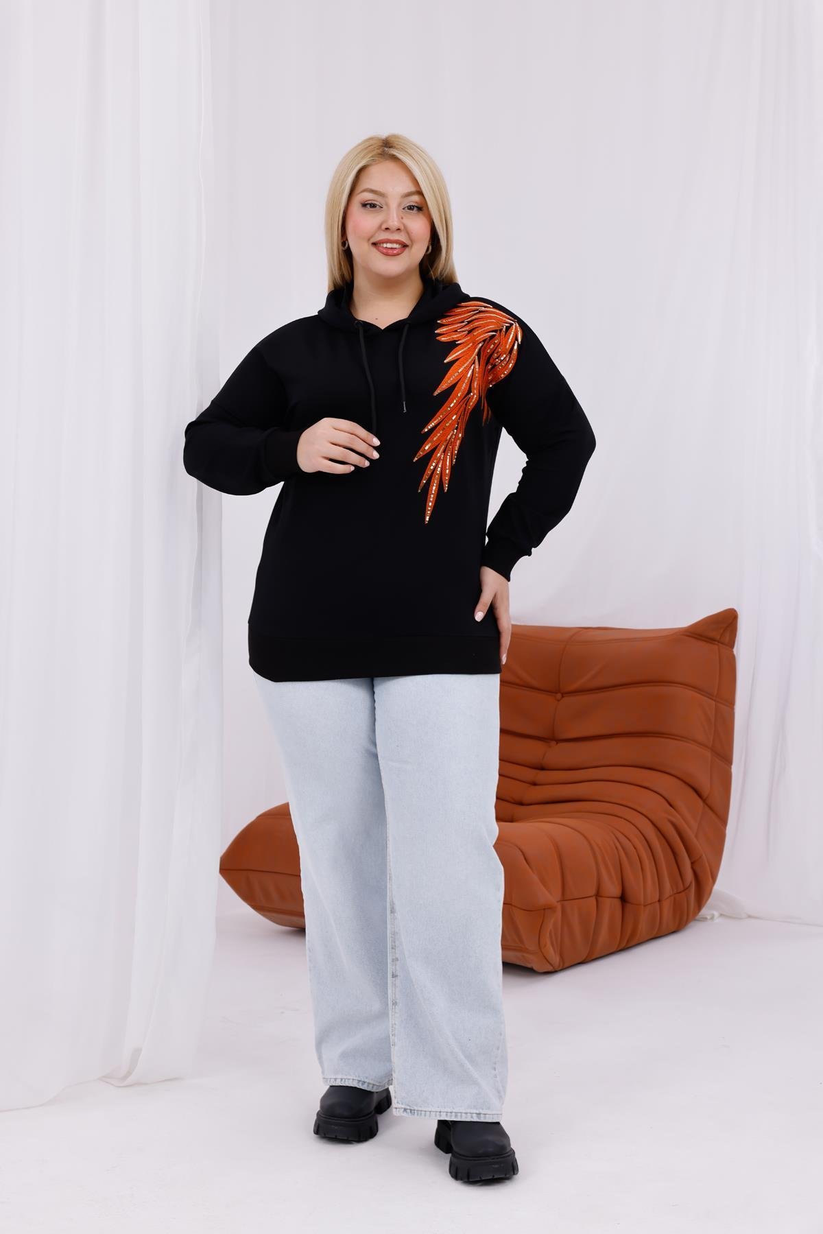 Sweatshirt Büyük Beden Nakışlı Kapüşonlu Sweatshirt