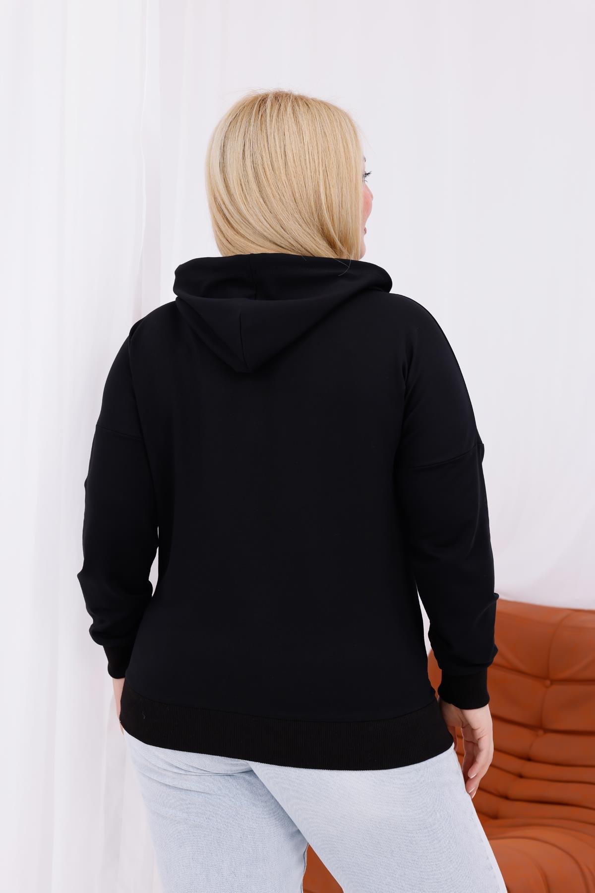 Sweatshirt Büyük Beden Nakışlı Kapüşonlu Sweatshirt