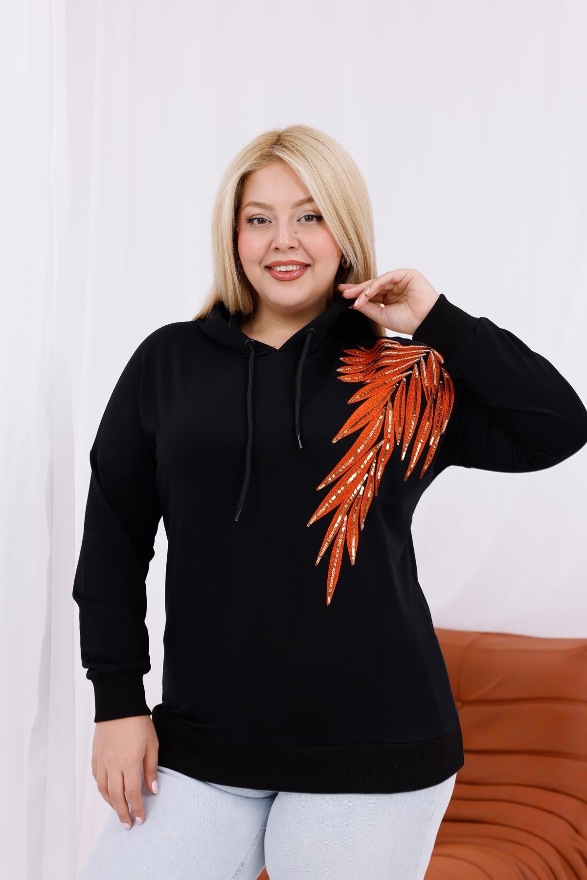 Sweatshirt Büyük Beden Nakışlı Kapüşonlu Sweatshirt
