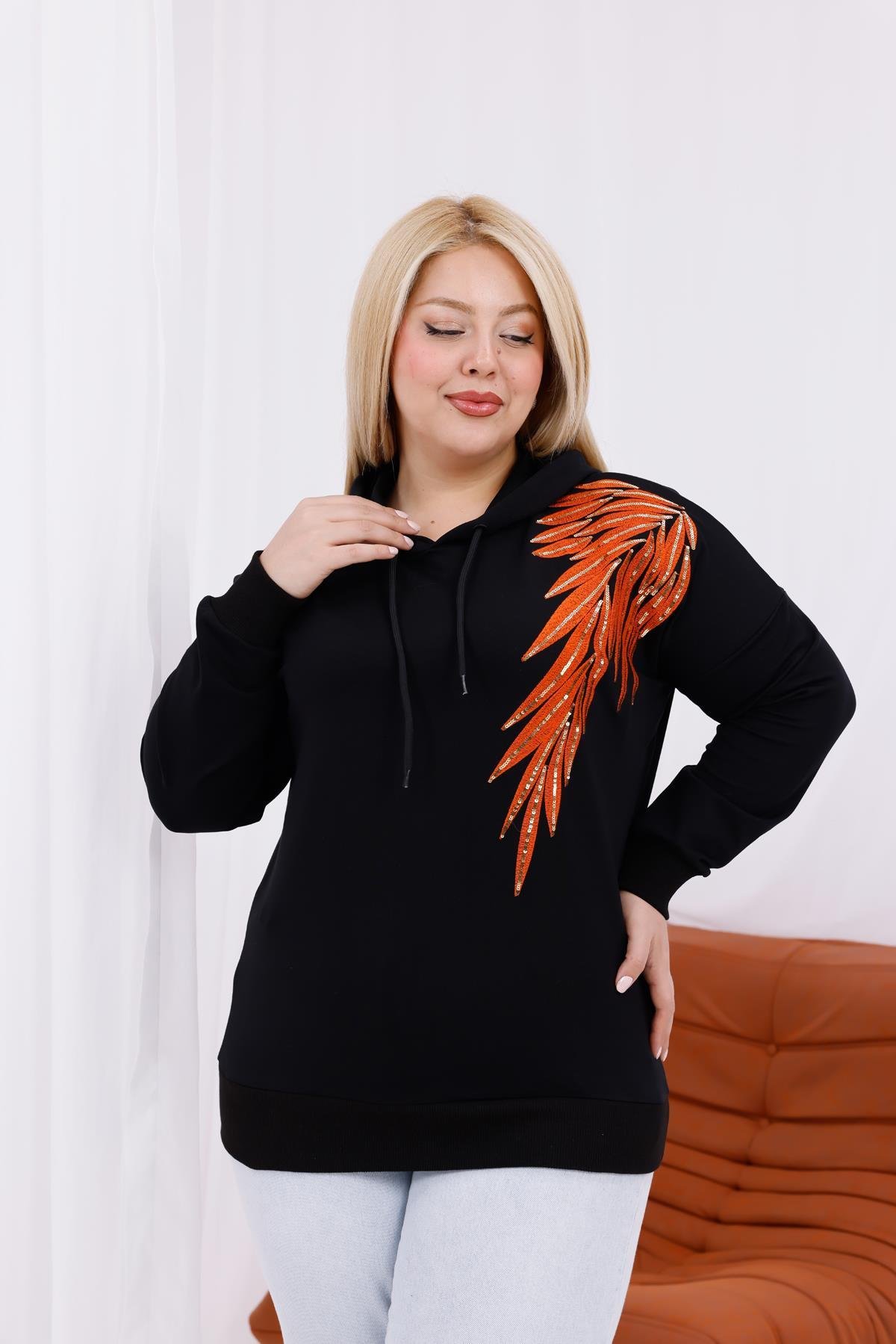 Sweatshirt Büyük Beden Nakışlı Kapüşonlu Sweatshirt