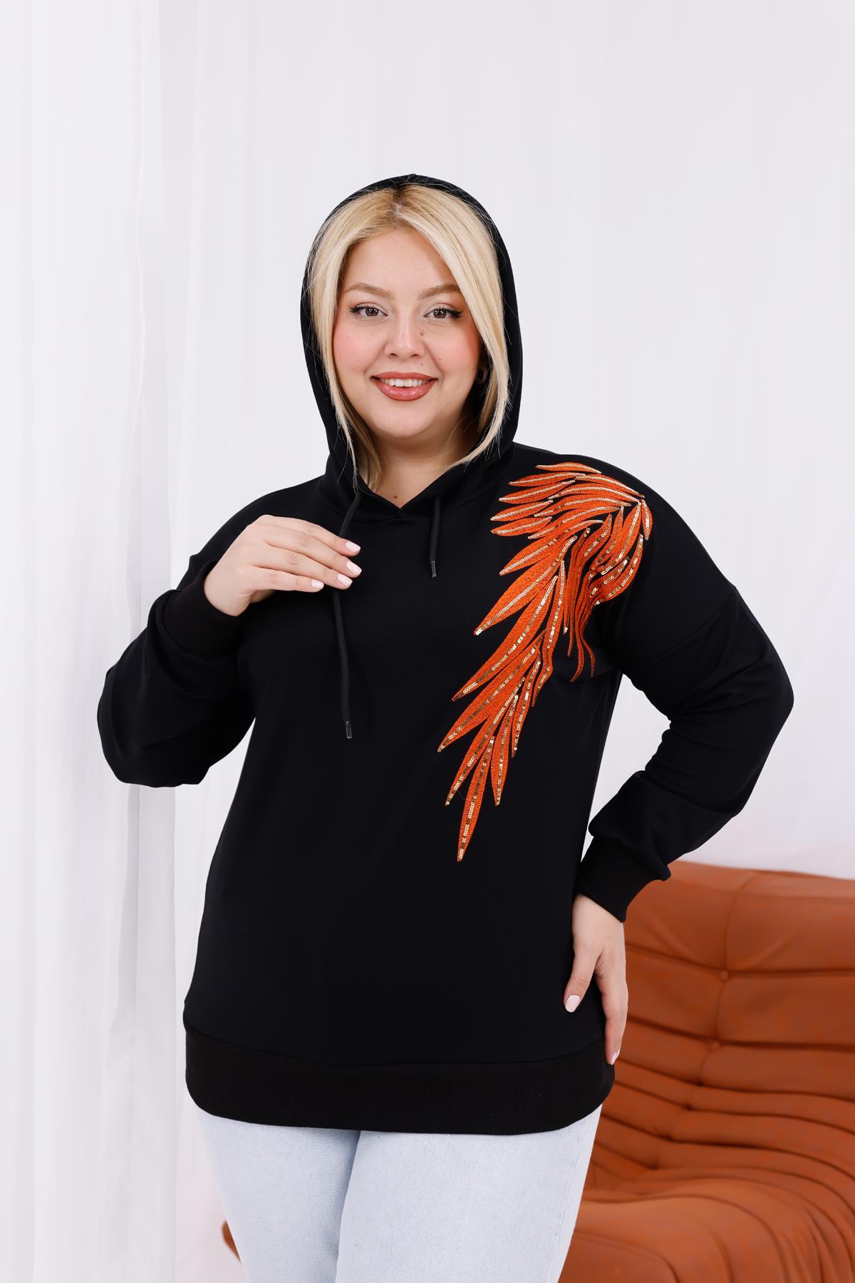 Sweatshirt Büyük Beden Nakışlı Kapüşonlu Sweatshirt
