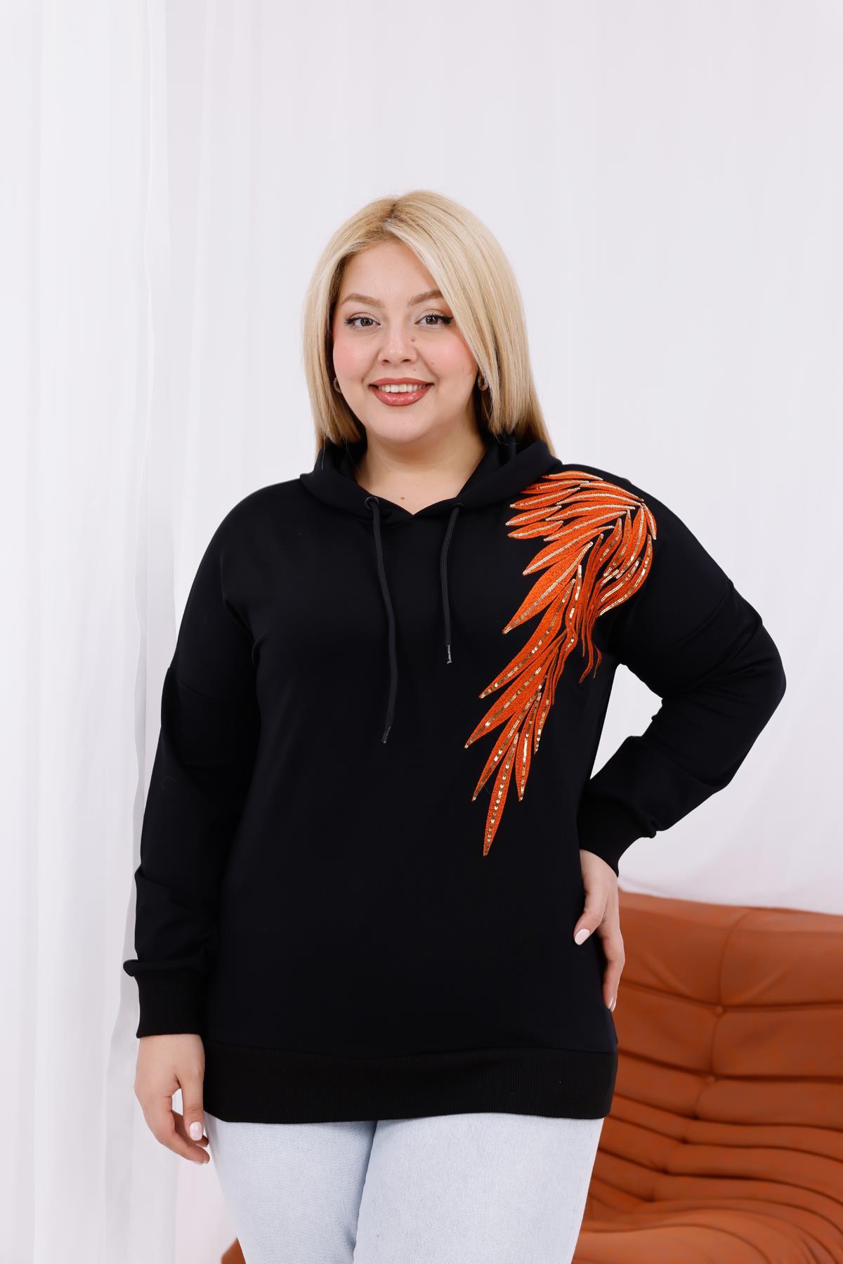 Sweatshirt Büyük Beden Nakışlı Kapüşonlu Sweatshirt