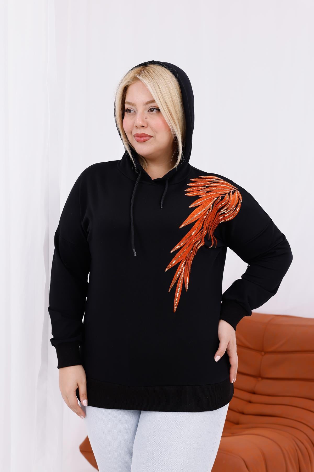 Sweatshirt Büyük Beden Nakışlı Kapüşonlu Sweatshirt