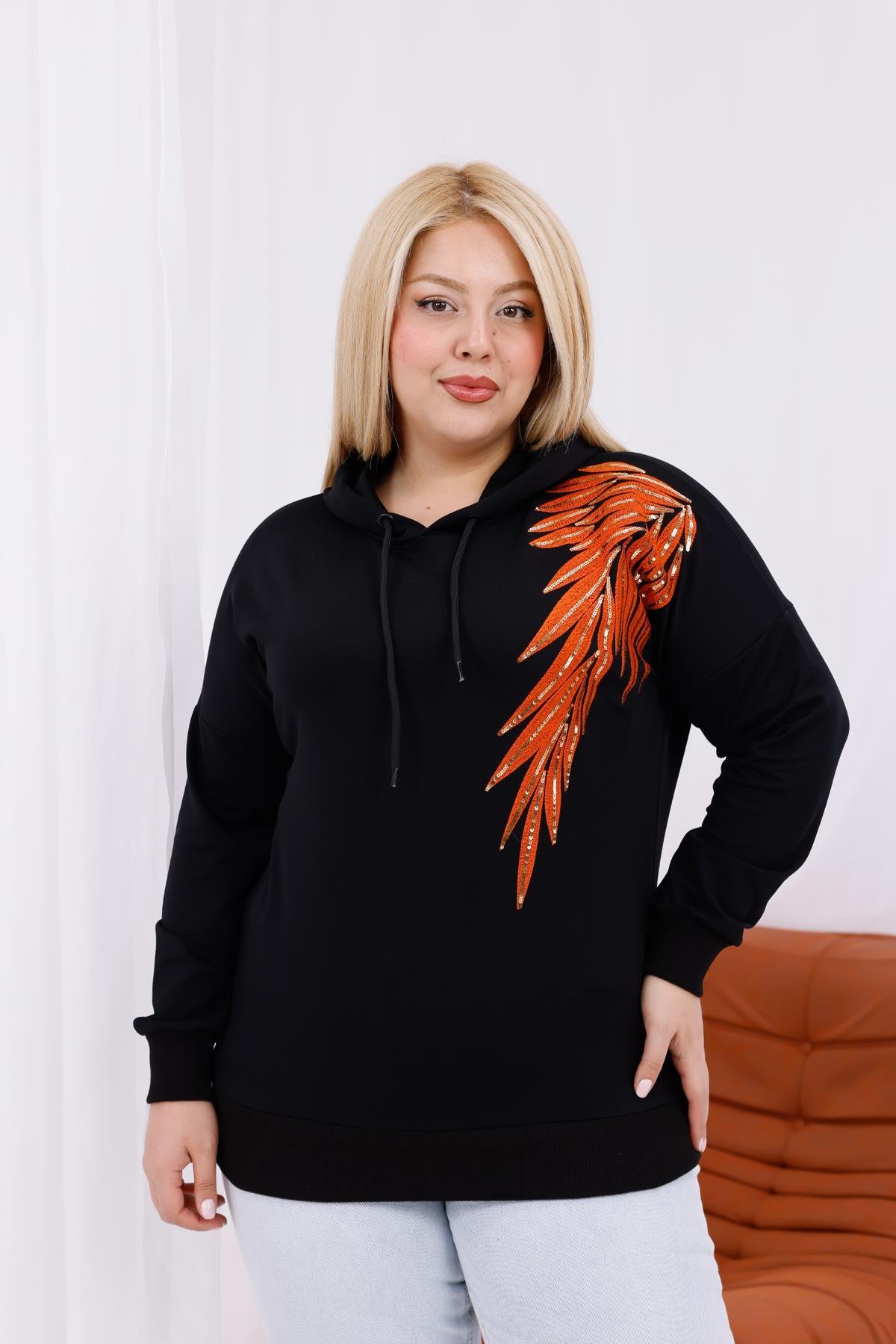 Sweatshirt Büyük Beden Nakışlı Kapüşonlu Sweatshirt