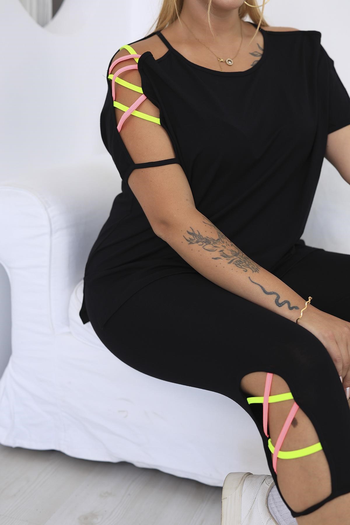 İkili Takım Büyük Beden Neon Şerit Detaylı Kapri Takım