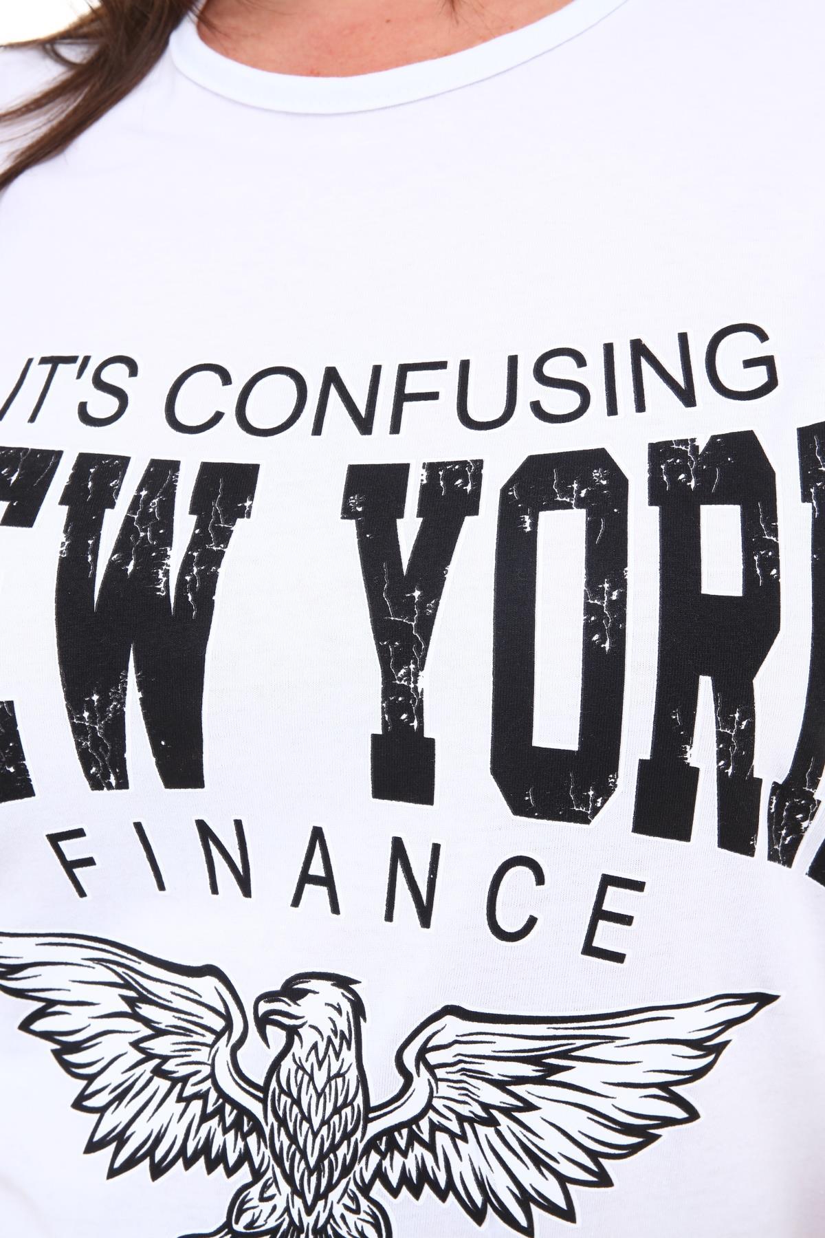 Tshirt Büyük Beden Newyork Baskılı Yarım Kol Tunik T-Shirt Beyaz