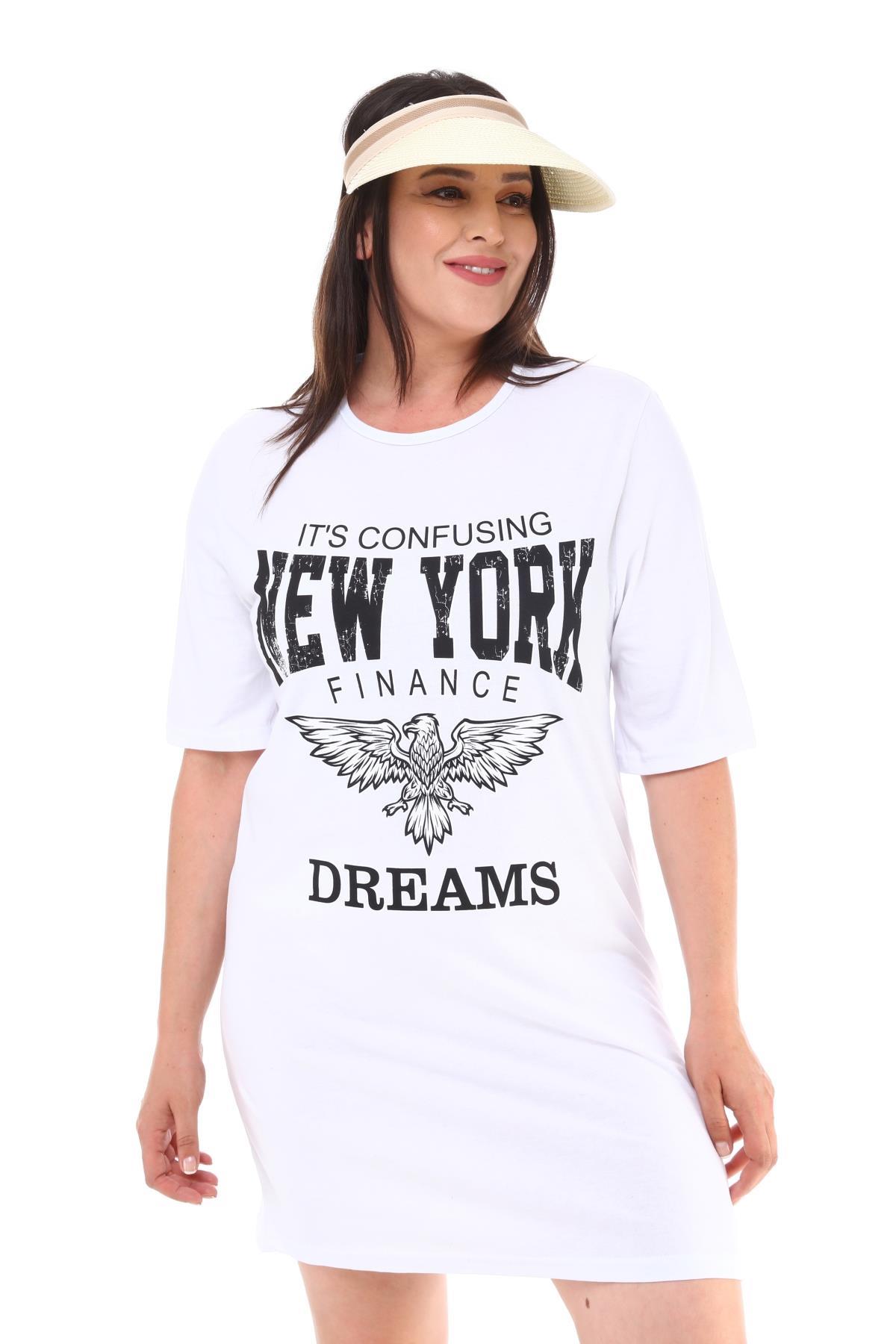 Tshirt Büyük Beden Newyork Baskılı Yarım Kol Tunik T-Shirt Beyaz
