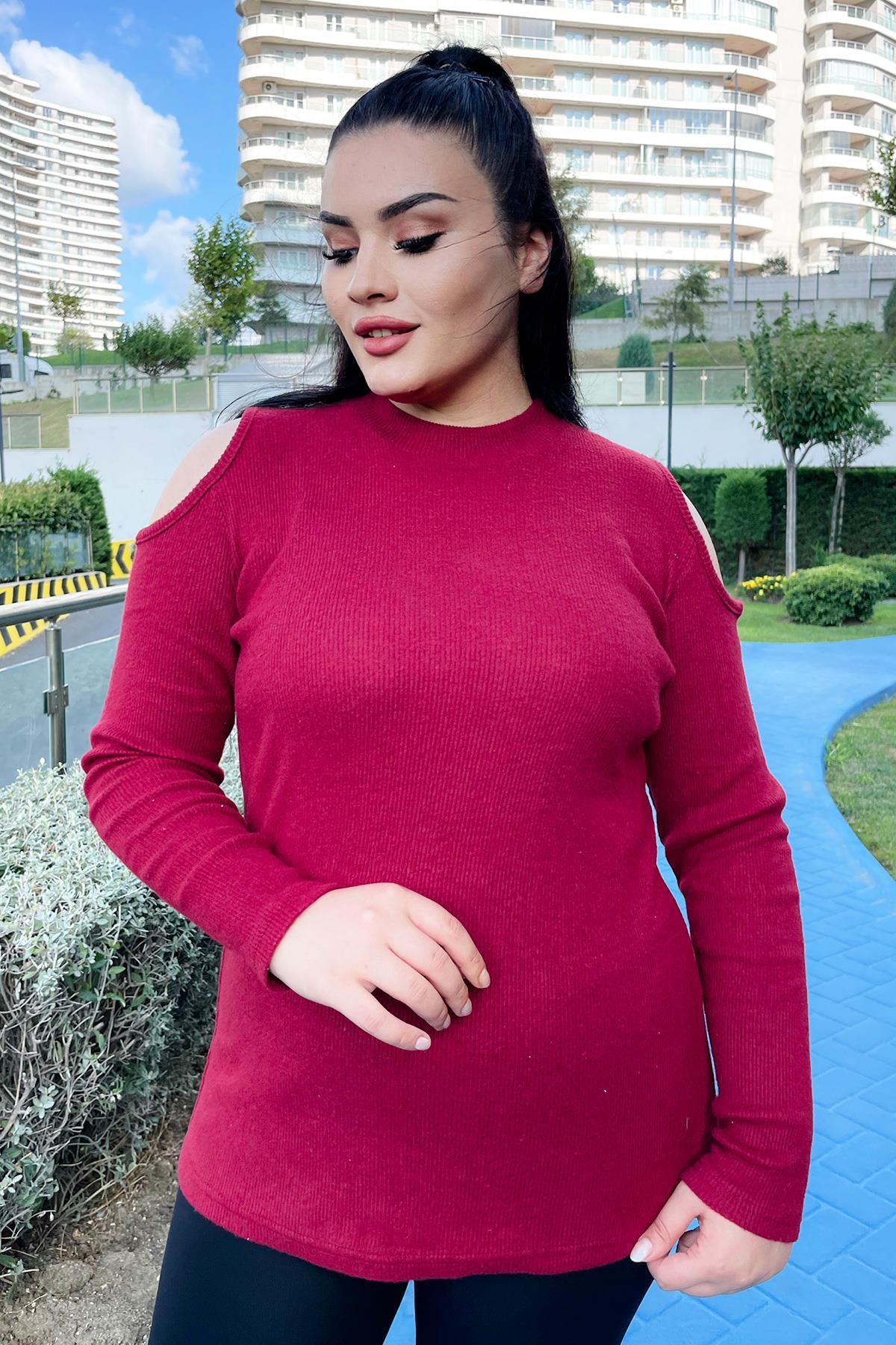 Uzun Kol Bluz Büyük Beden Omuz Dekolteli Likralı Pamuklu Bluz Bordo