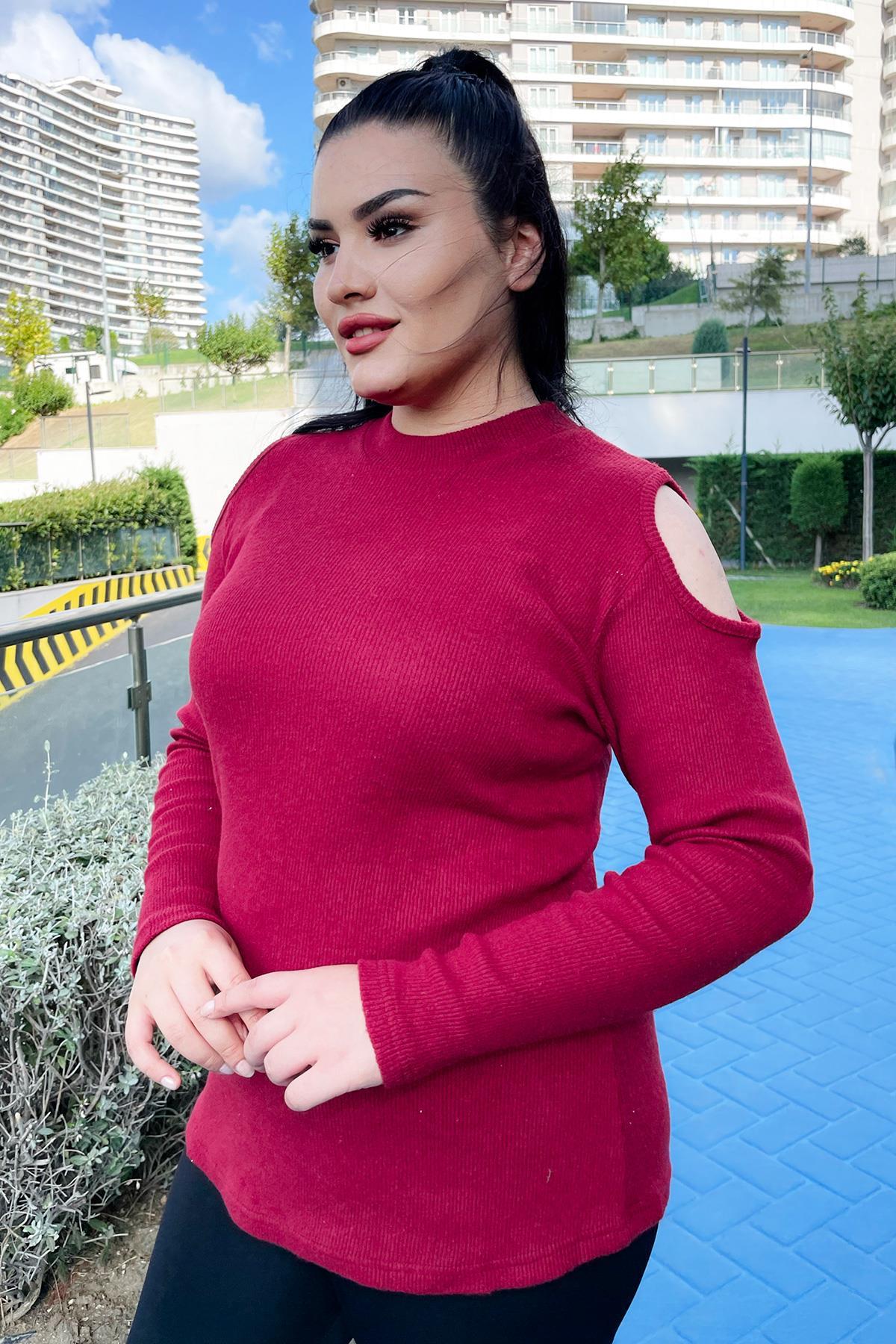 Uzun Kol Bluz Büyük Beden Omuz Dekolteli Likralı Pamuklu Bluz Bordo