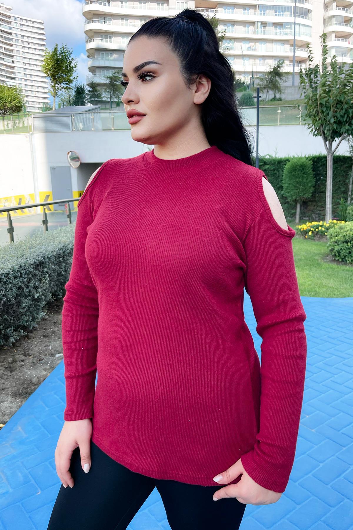 Uzun Kol Bluz Büyük Beden Omuz Dekolteli Likralı Pamuklu Bluz Bordo