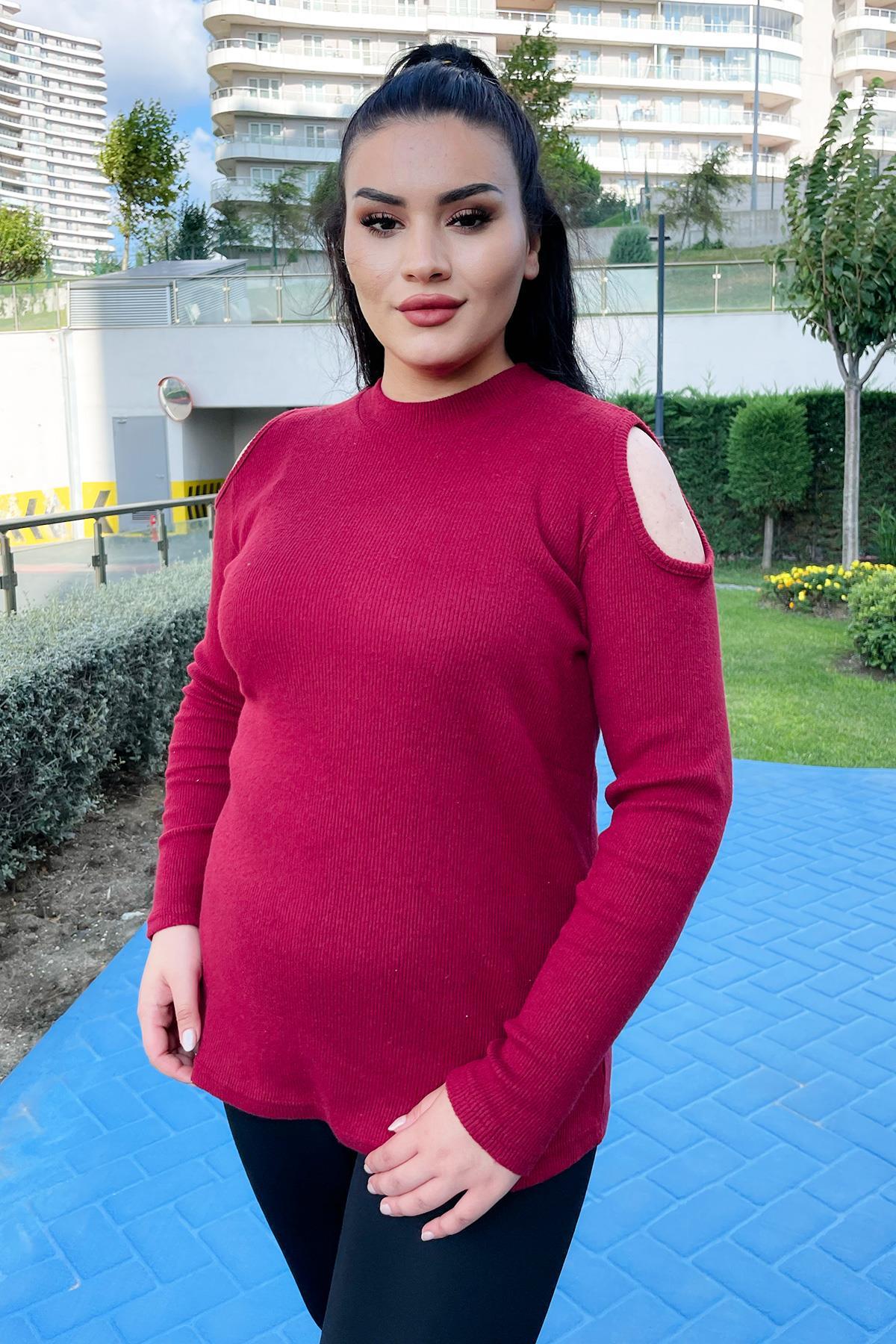 Uzun Kol Bluz Büyük Beden Omuz Dekolteli Likralı Pamuklu Bluz Bordo