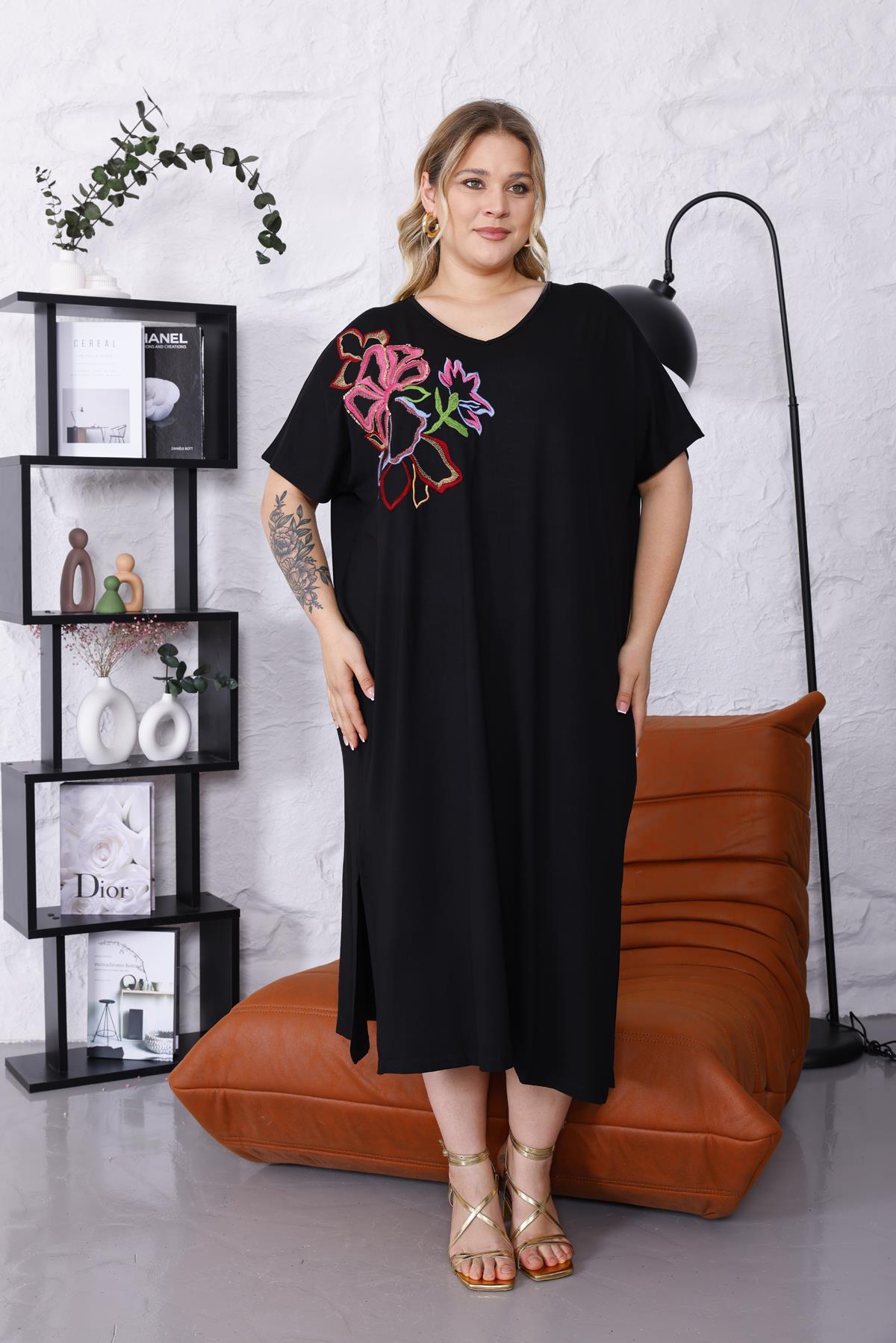 Elbise Büyük Beden Omzu Nakış Çiçek Detaylı Oversize Elbise