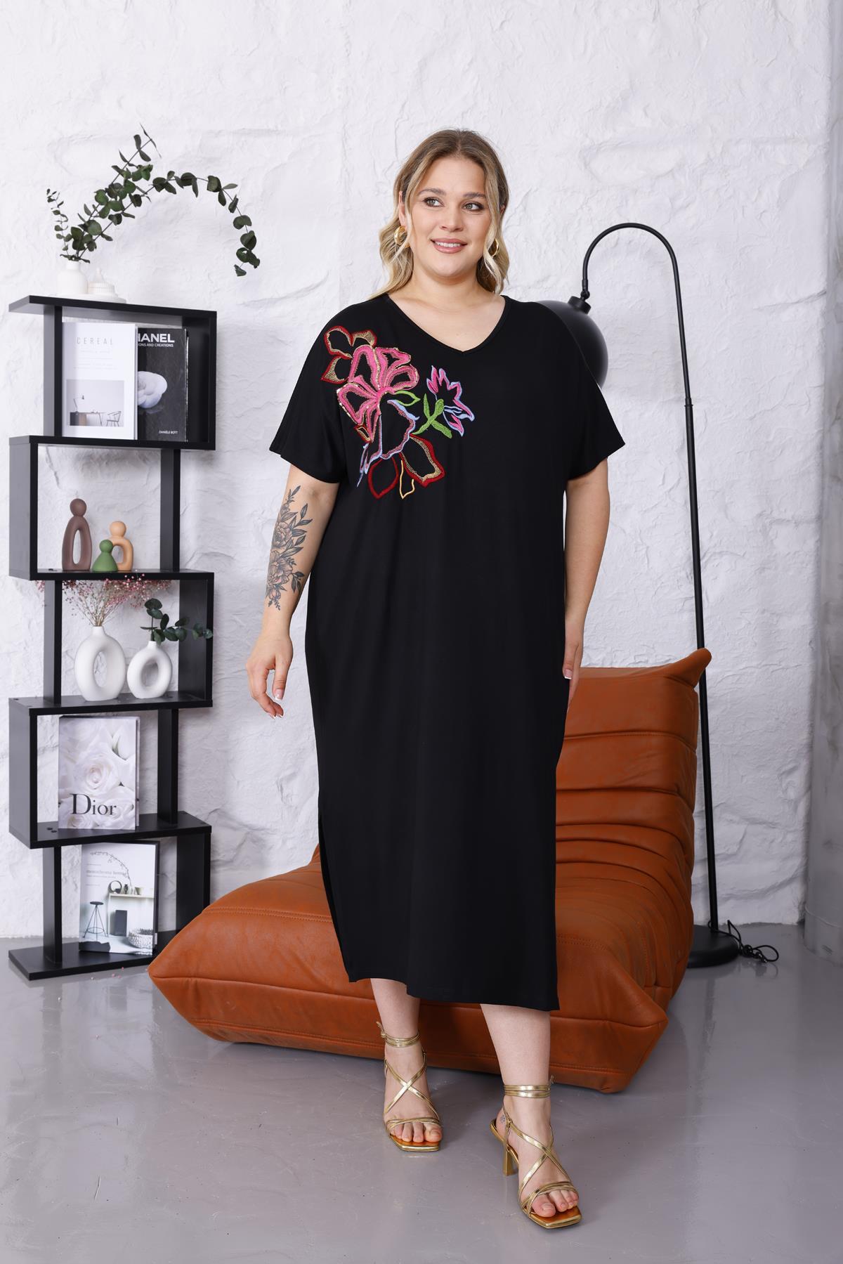 Elbise Büyük Beden Omzu Nakış Çiçek Detaylı Oversize Elbise