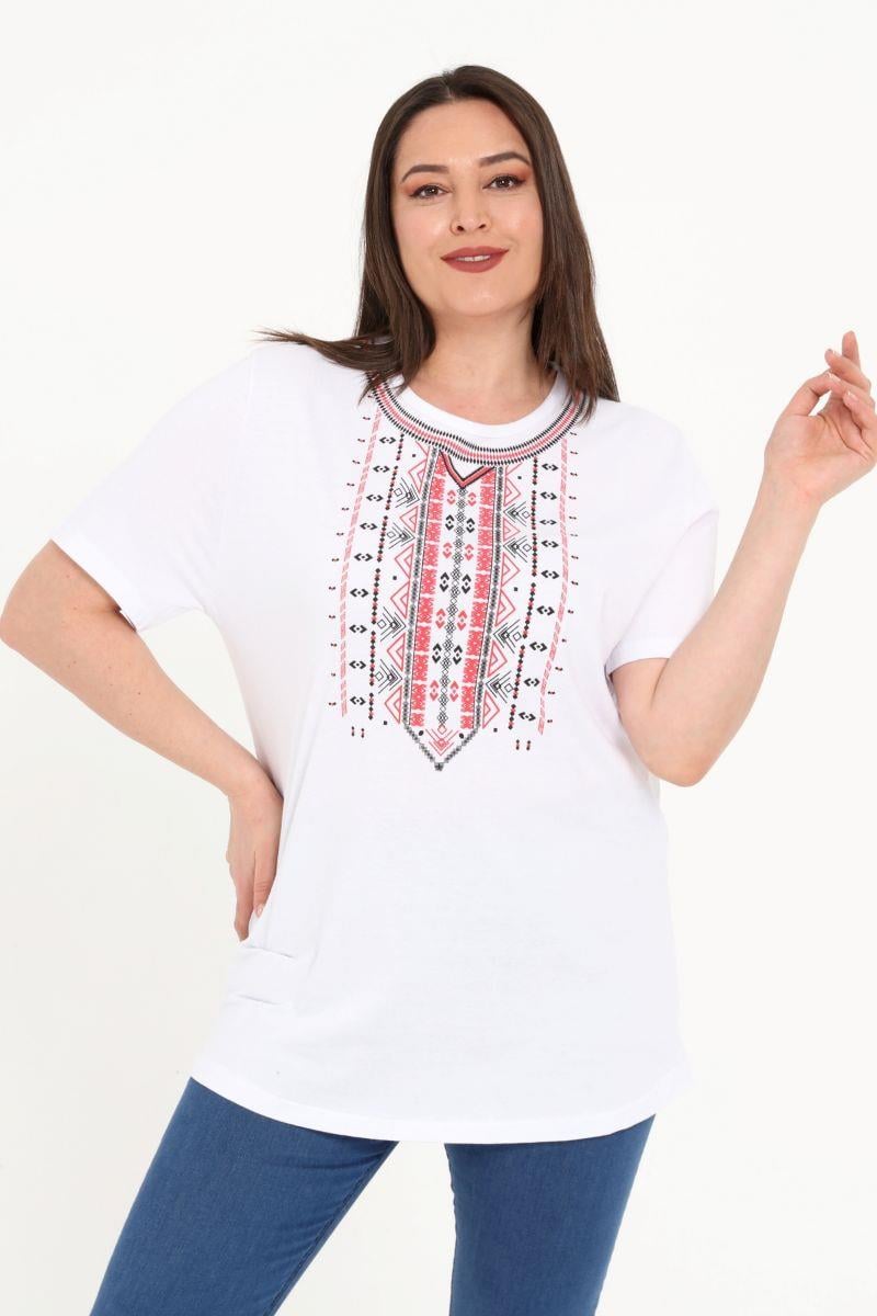 Bluz Büyük Beden Önü Baskılı Bluz Beyaz