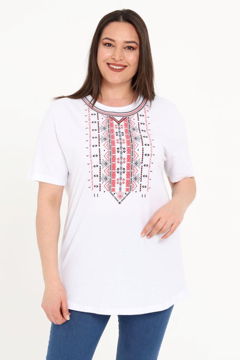 Bluz Büyük Beden Önü Baskılı Bluz Beyaz
