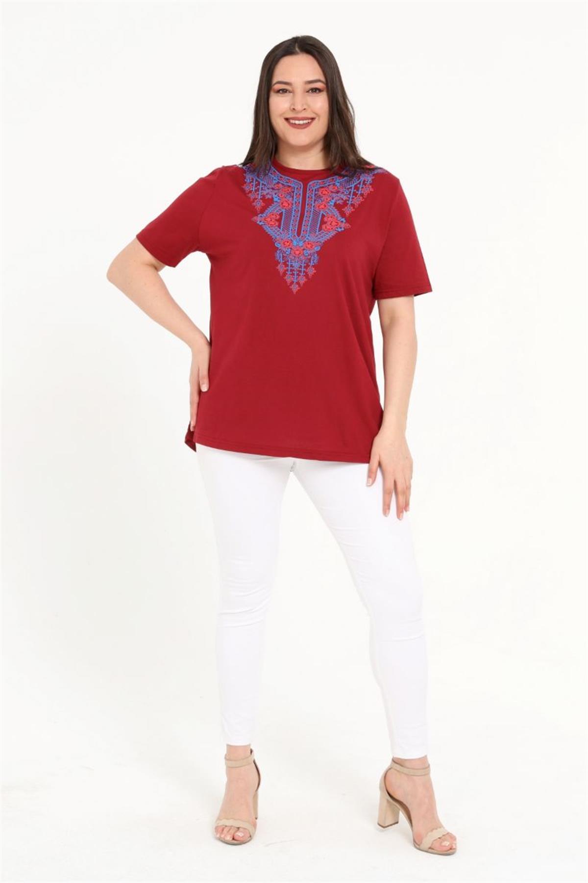 Bluz Büyük Beden Önü Baskılı Bluz Bordo