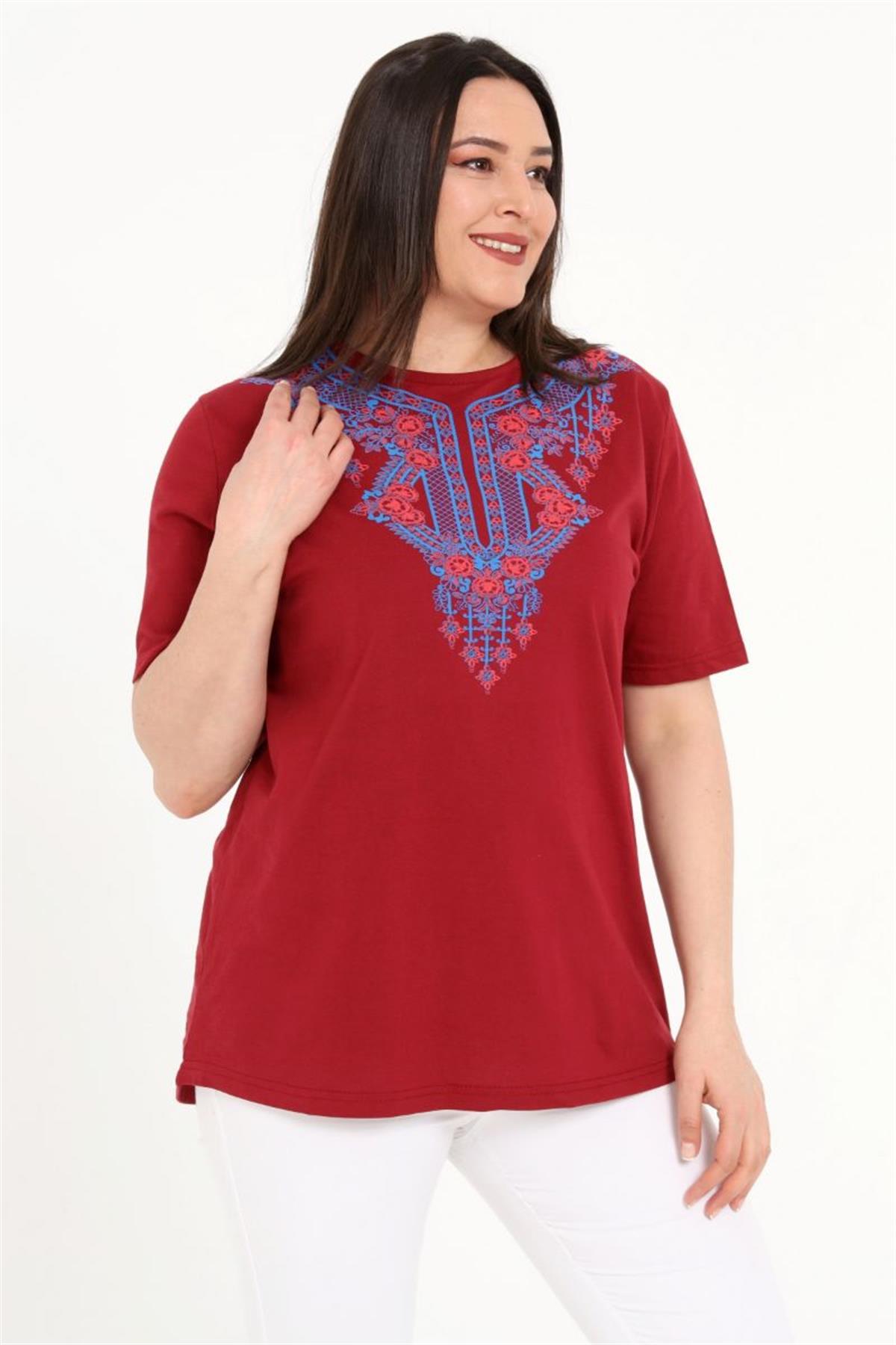 Bluz Büyük Beden Önü Baskılı Bluz Bordo