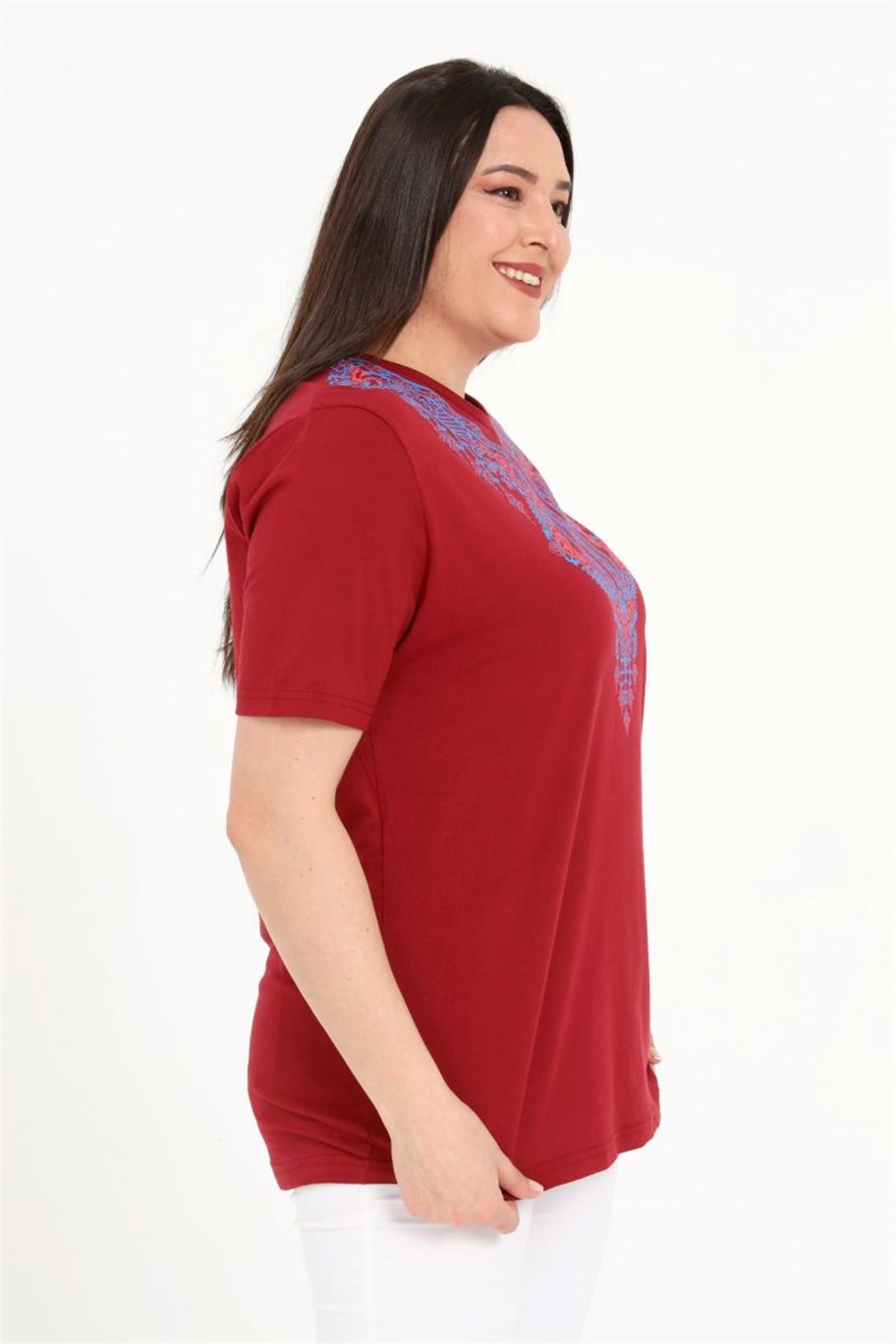 Bluz Büyük Beden Önü Baskılı Bluz Bordo
