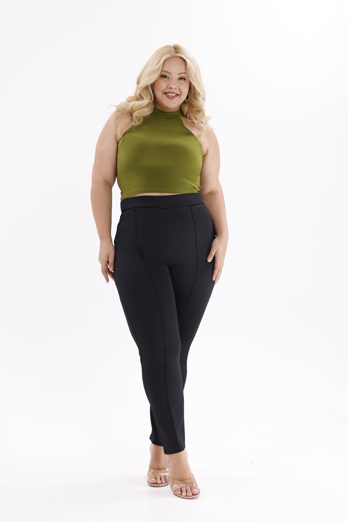 Pantolon Büyük Beden Önü Çima Detaylı Scuba Kumaş Tayt